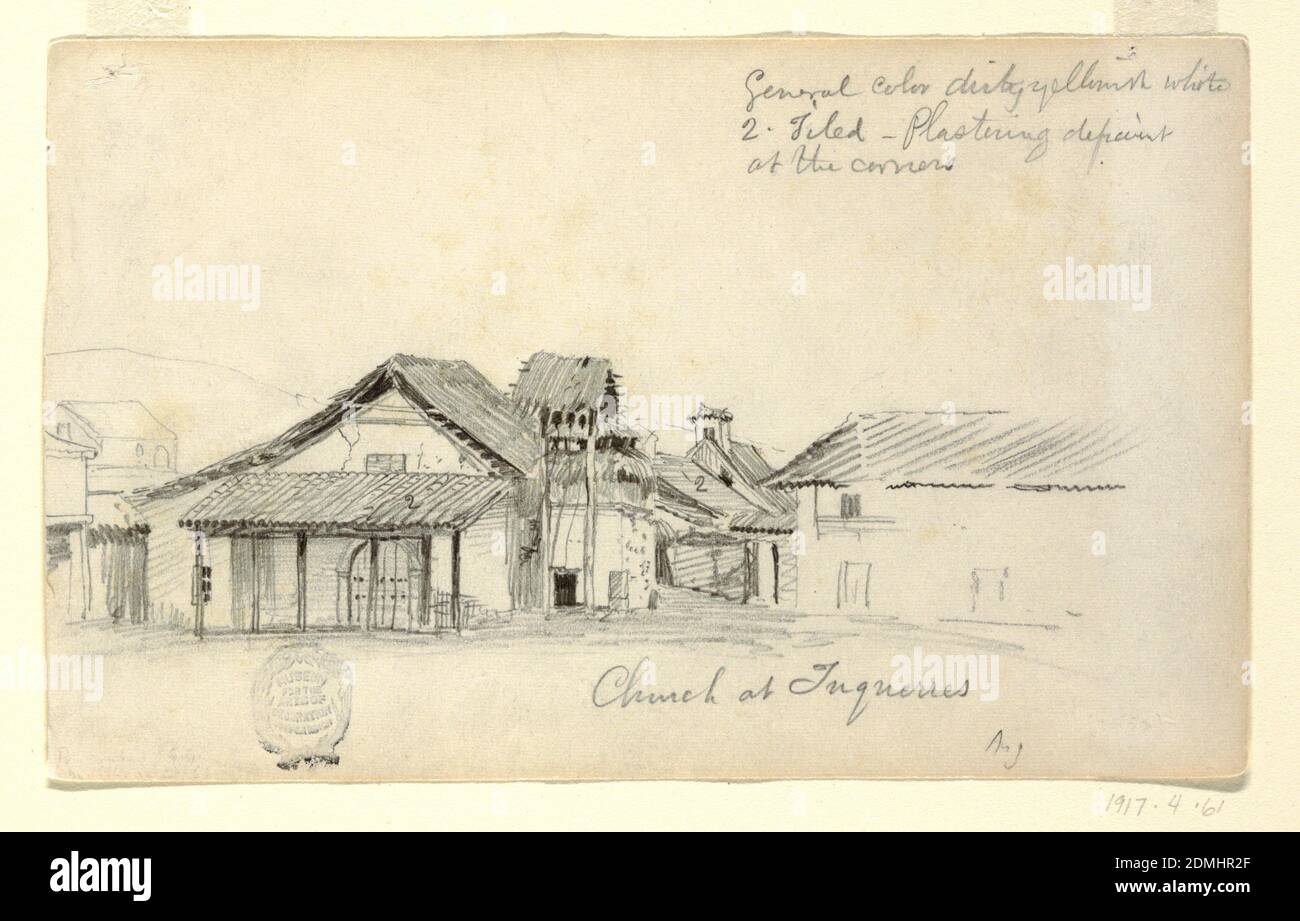 Church at Tuquerres, Colombia, Frederic Edwin Church, American, 1826–1900, Graphite on white wove paper, Recto: Horizontal view of the church, shown slightly obliquely from the front, with a projecting portico and three bells hanging in the steeple. House at sides and in the rear., Verso: Horizontal view looking toward a mountain range in the rear., August 1853, architecture, Drawing Stock Photo