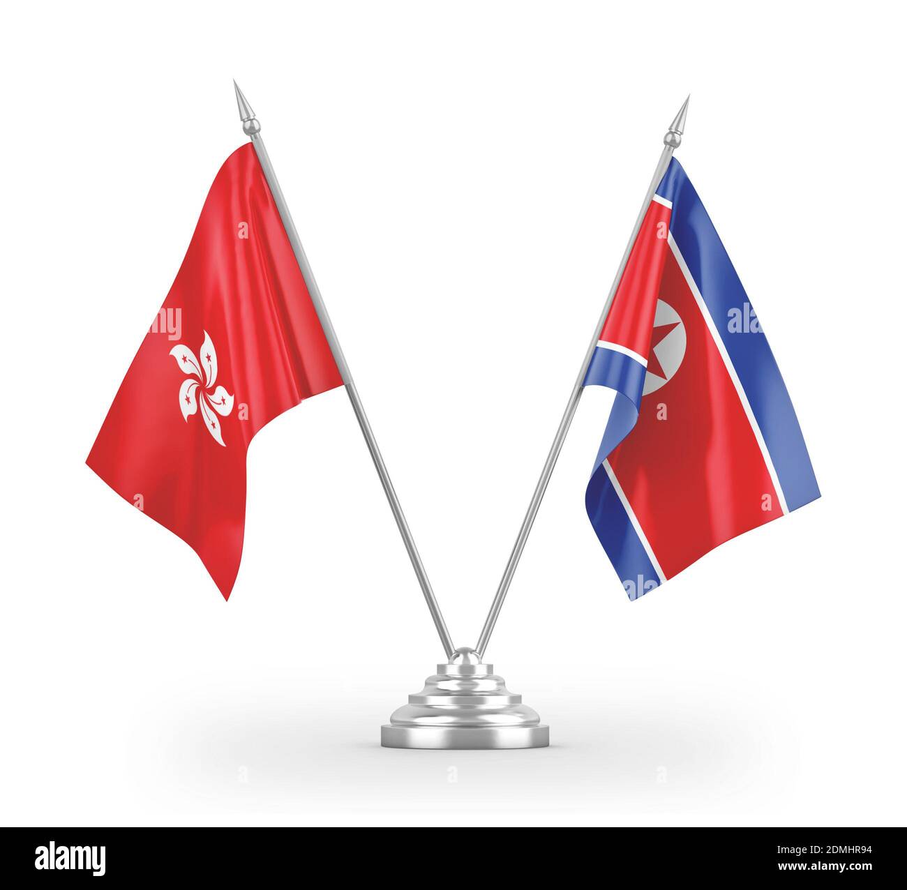 North Korea and Hong Kong table flags isolated on white 3D rendering Stock Photo
