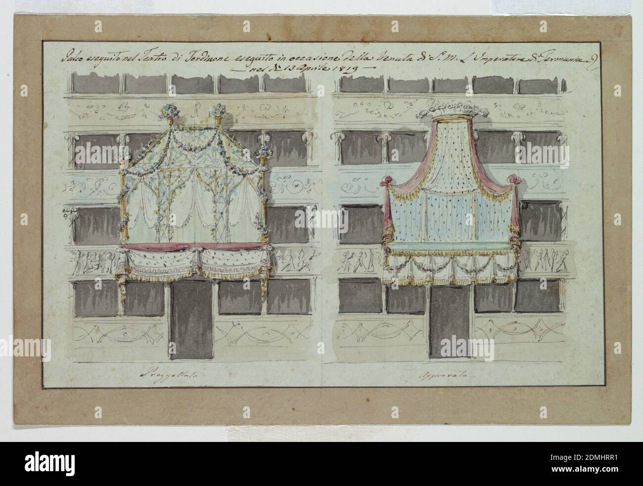 Two Designs for Decoration of Boxes, Tor di Nona Theater, Rome, Giuseppe Valadier, Italian, 1762–1839, Pen and gray ink, watercolor, over pencil, Italy, 1819, theater, Drawing Stock Photo