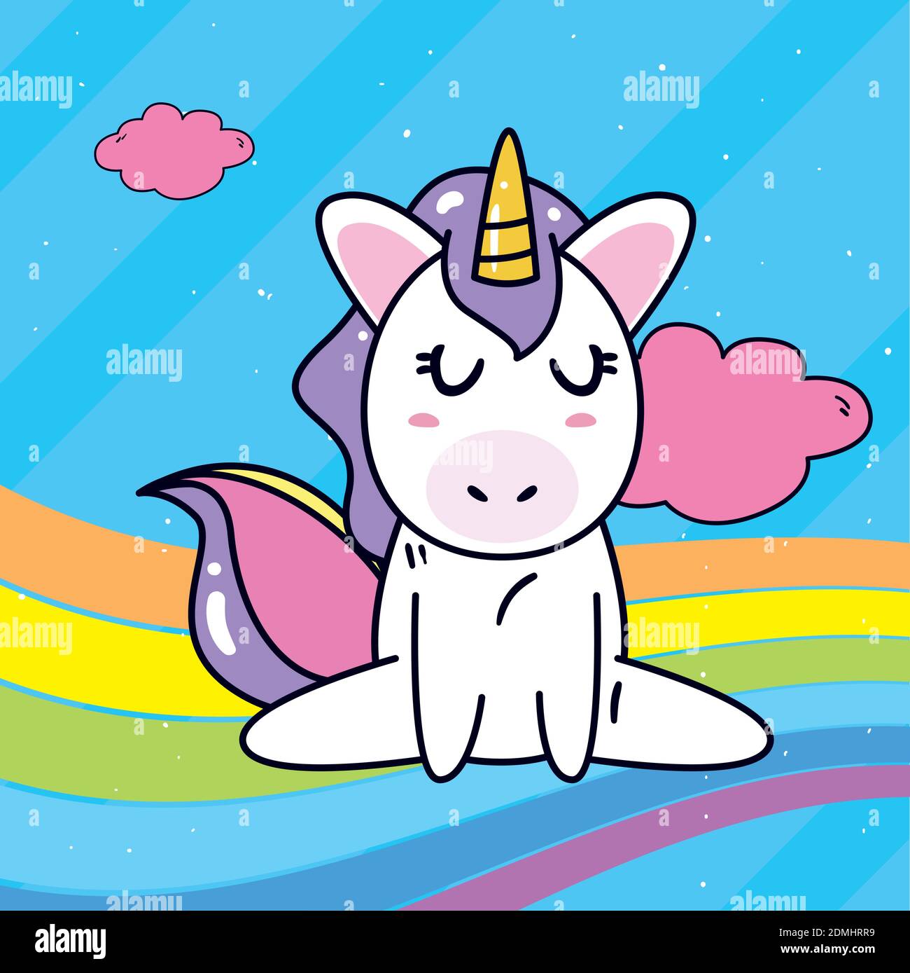 unicorn horse cartoon sitting with rainbow and clouds design, magic ...