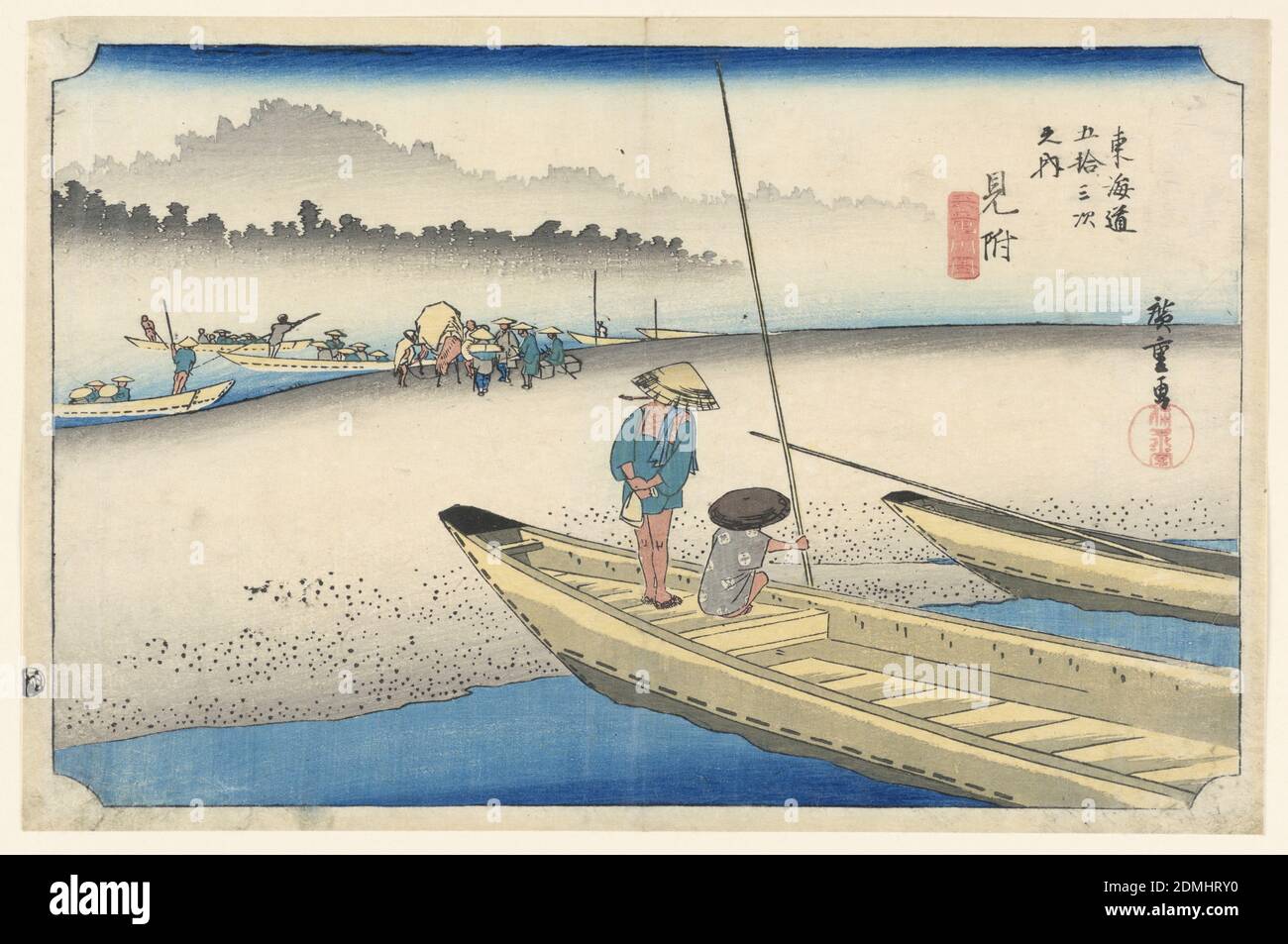 Mitsuke, Tenryu-gawa River, in The Fifty-Three Stations of the Tokaido Road (Tokaido Gojusan Tsugi-no Uchi, Ando Hiroshige, Japanese, 1797–1858, Woodblock print (ukiyo-e) on mulberry paper (washi), ink with color, Right, on near arm of river two ferry boats are beached, one with two boatmen. Left, on far side of sandbank are more ferry boats with travelers. Beyond, hills with trees appear in mist., Japan, ca. 1834, seascapes, Print Stock Photo