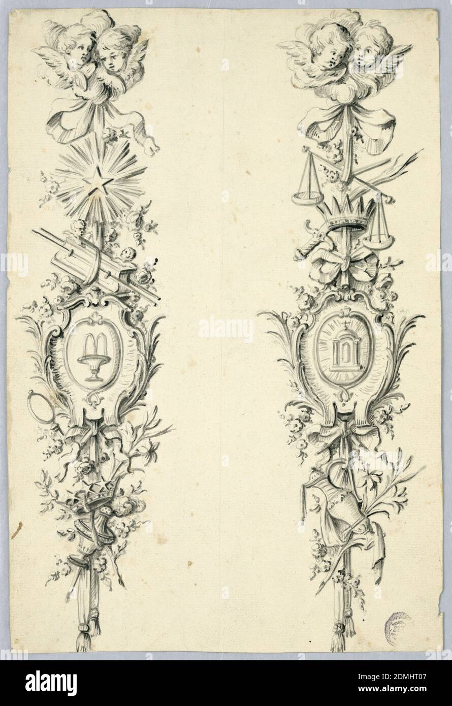 Design for Two Trophies Referring to the Virgin, Graphite, brush and Chinese black on paper, The trophies are suspended from clouds with pairs of cherubim. In the center are escutcheons with the fountain and the tabernacle, respectively. The left one includes furthermore: the star, the Ark of the Covenant, the looking glass, a star crown, a censer, a lily spray. The right one includes: a paif of scales and a sword, a cross, a pitcher, a lily spray., France, 1750–1780, Drawing Stock Photo