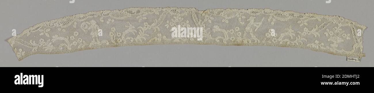 Band, Medium: linen Technique: needle lace with ground of loop & twist with twist return, Design of a hunter with gun, a man with horn, and 4 stags, all shown mixed with brances and flowers., Italy, 18th century, lace, Band Stock Photo