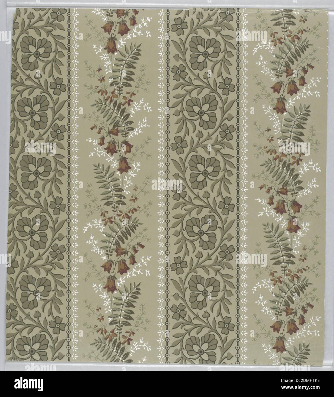Sidewall, Machine-printed paper, Aesthetic pattern with two columns of motifs alternately repeated; one with stylized three-petaled flower on vine glide-reflected vertically; black-and-white stylized border reminiscent of lace; second motif is of naturalistic bellflowers on leafy stalk also glide-reflected vertically; block shading; apart from dark red flowers and white detailing, color scheme is of muted greens, green ground., USA, ca. 1880, Wallcoverings, Sidewall Stock Photo