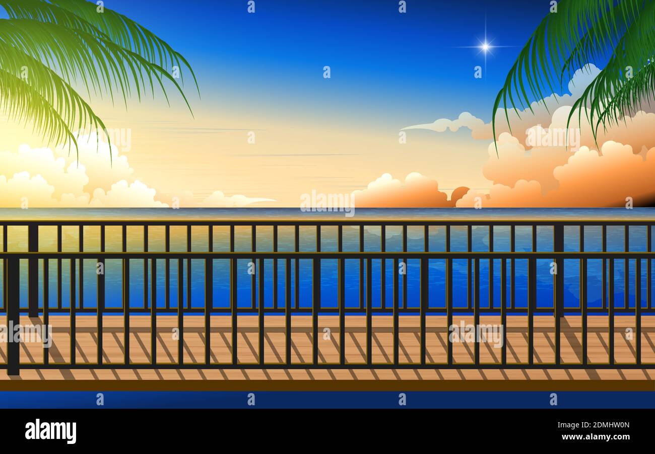 landscape of wooden bridge on the beach in the morning Stock Vector ...
