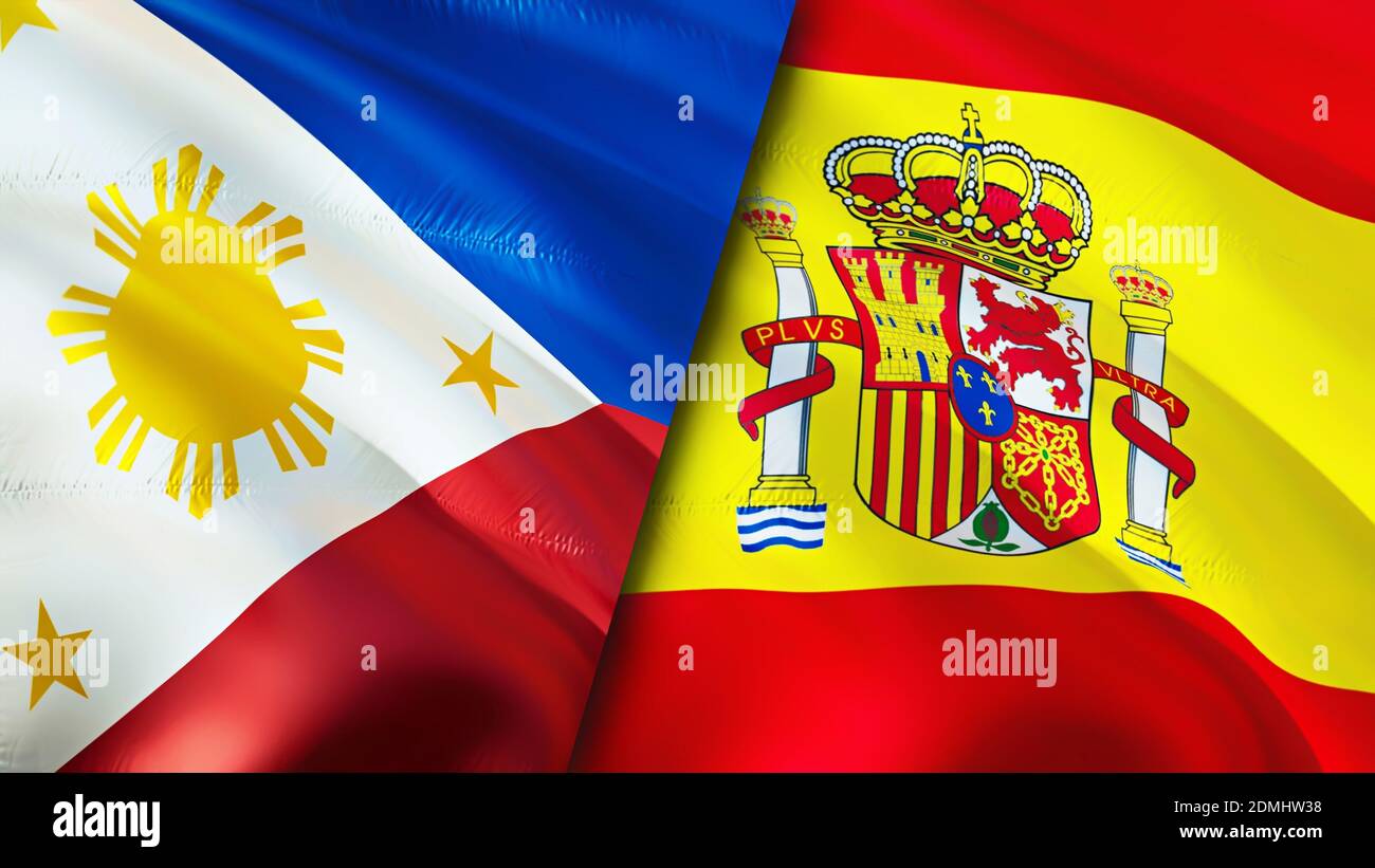 Philippines and Spain flags. 3D Waving flag design. Philippines Spain