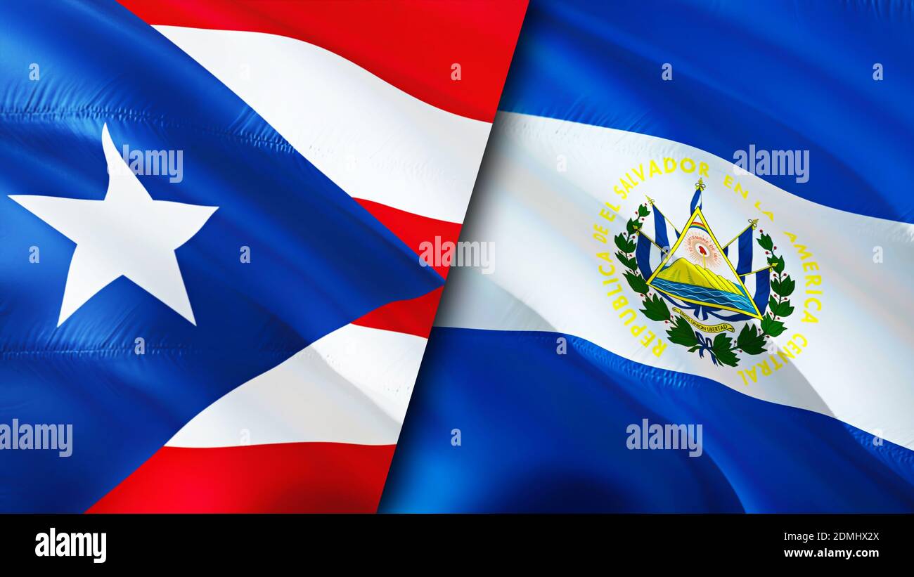 Puerto Rico and El Salvador flags. 3D Waving flag design. Puerto Rico