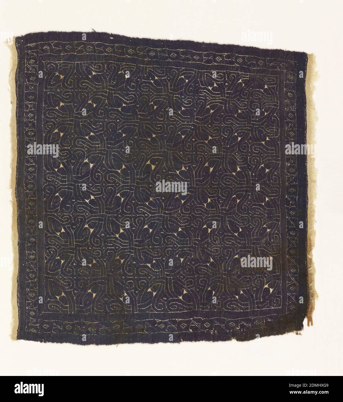Square, Medium: linen warp, linen and wool wefts Technique: plain weave with discontinuous wefts (tapestry); open slits, supplementary weft wrapping, Square of purple tapestry cut from its linen foundation. Geometric pattern based on interlocking circles., 4th–5th century, woven textiles, Square Stock Photo