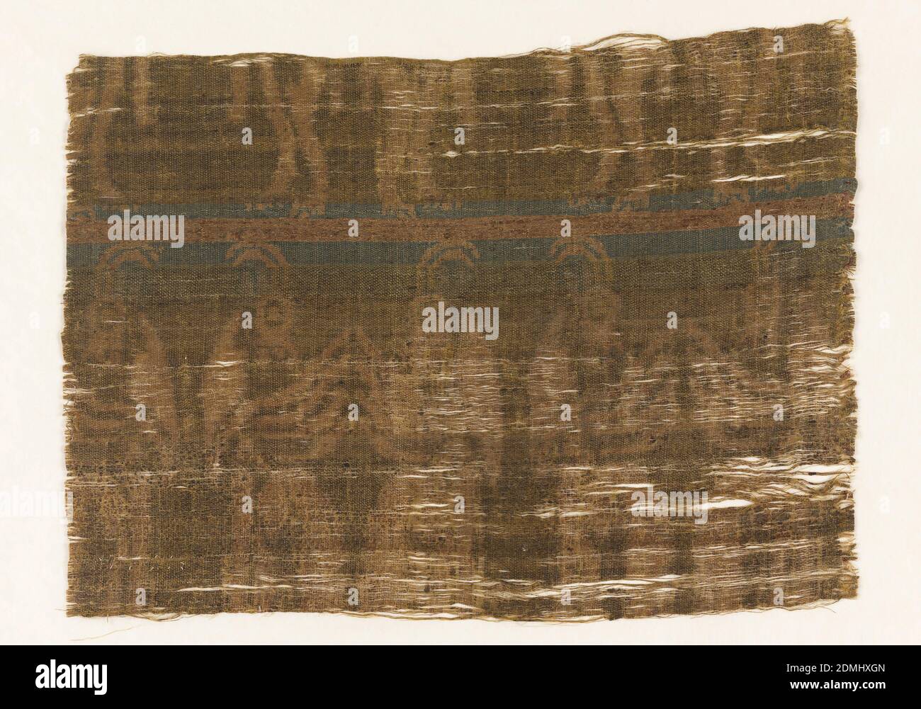 Fragment, Medium: silk Technique: compound weft twill (samite), Dark brown ground with addorsed winged goats in lighter brown/yellow. Red and two blue stripes approximately 2.5' from top., Sicily, 13th–14th century, woven textiles, Fragment Stock Photo