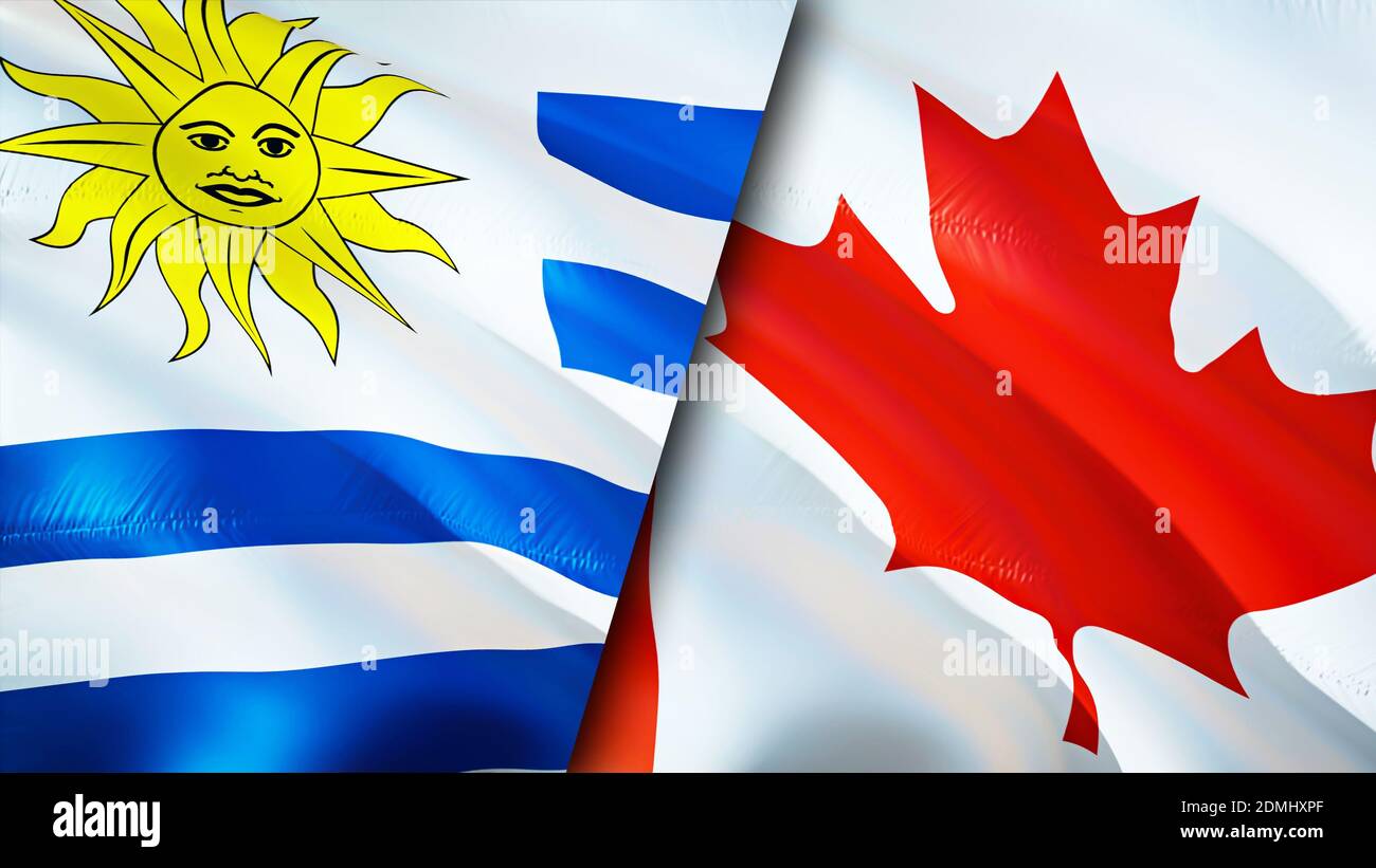 Uruguay and Canada flags. 3D Waving flag design. Uruguay Canada flag