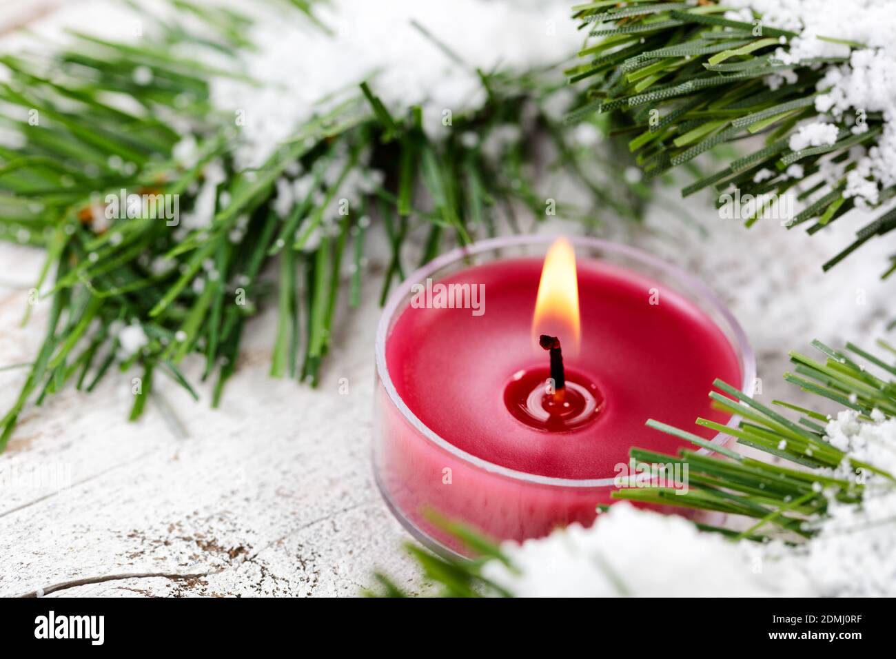 Closeup Of Lit Tea Light By Plants And Snow On Table