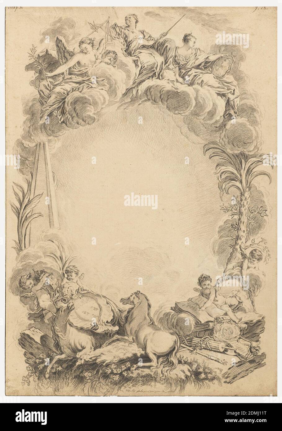 Design for an Escutcheon in Honor of William Earl Cowper (ca. 1665-1723), François Boucher, French, 1703 – 1770, Charcoal, brush and brown wash on tan paper, In the same direction as the etching--a memorial to William Earl Cowper after François Boucher by Nicolas-Dauphin de Beauvais, 1921- 6- 58. Justice with a pair of scales and a sword; Prudence and Peace are on top; attributes referring to Cowper at the bottom., ca. 1730, graphic design, Drawing Stock Photo
