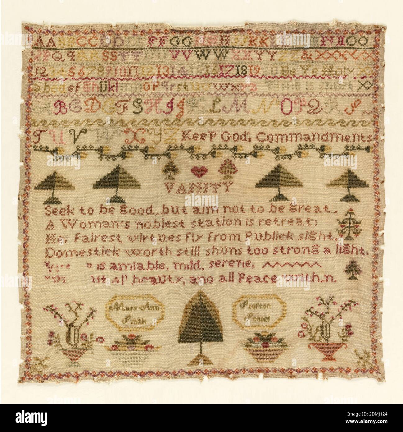 Sampler, Mary Ann Smith, American, Medium: wool embroidery on linen foundation Technique: embroidered on plain weave foundation Label: linen embroidered with wool, Several rows of alphabets and numerals, followed by a row of trees, and a verse:, Vanity, Seek to be good, but aim not to be great, A woman's noblest station is retreat, Her fairest virtues fly from publick sight, Domestick worth still shuns too strong a light, Woman (?) is amiable, mild, serene, (?) all beauty and peace within, At the bottom, baskets of fruit and flowers, and two medallions, one inscribed Mary Ann Smith Stock Photo