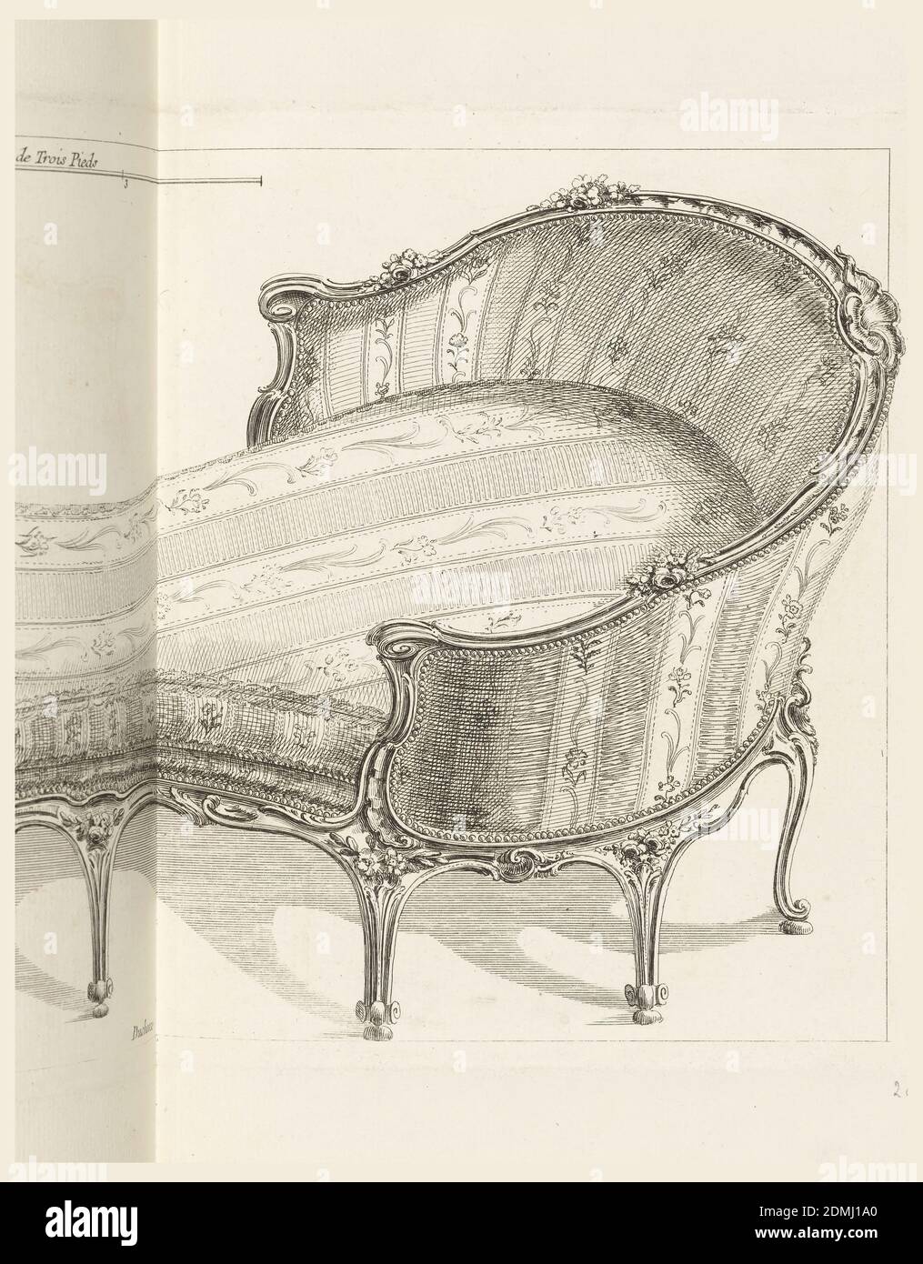 Duchesse (No. 4), from Recueil de différents Muebles garniers Comme Fauteuils (Liard's 'Suites'), Matthew Liard, English, ca. 1736–1782, Etching on cream laid paper, Duchesse cushion decorated with rinceaux; arms and back in floral and curved Rococo motif., England, 1762, furniture, Print Stock Photo