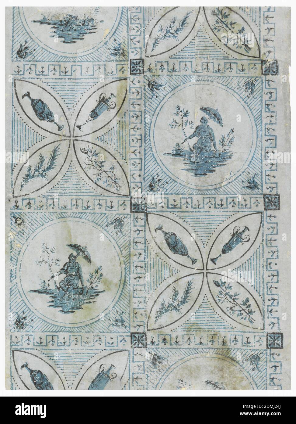 Sidewall, Block-printed on handmade paper, Vertical rectangle. Repeating pattern of squares containing alternately a circle enclosing a seated figure holding a parasol, and four intersecting arcs enclosing urns and foliage. The large squares are separated by simple meander bands set with conventionalized tulips., France, 1796–1800, Wallcoverings, Sidewall Stock Photo