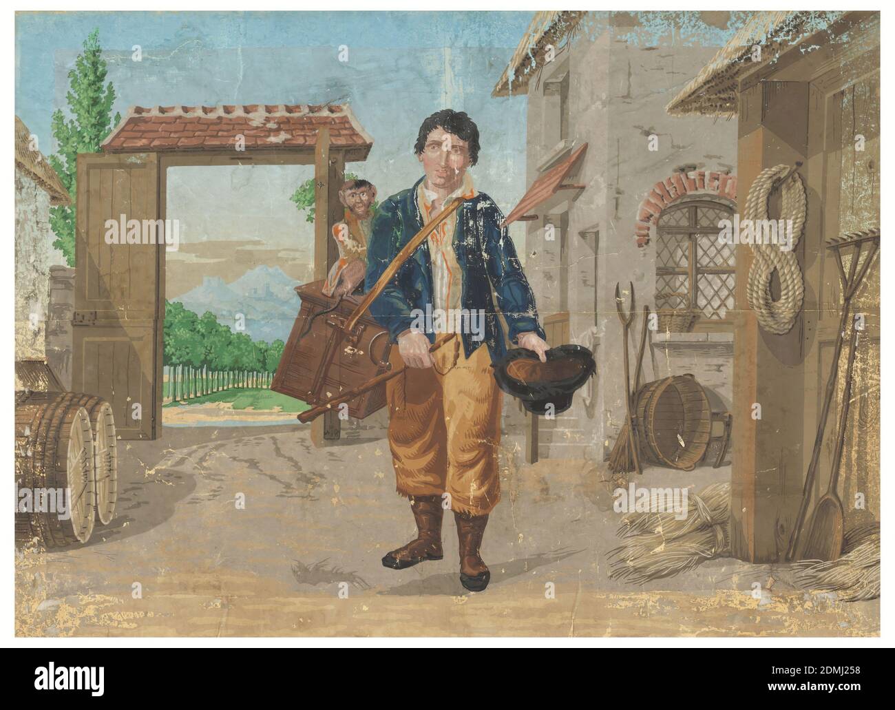 Firescreen, Block-printed paper, Horizontal rectangle, depicting the cortile of an Italian villa, with an organ grinder and a monkey. High wall and gate in background, and generalized landscape setting, printed on blue ground., France, 1825–30, Wallcoverings, Firescreen Stock Photo
