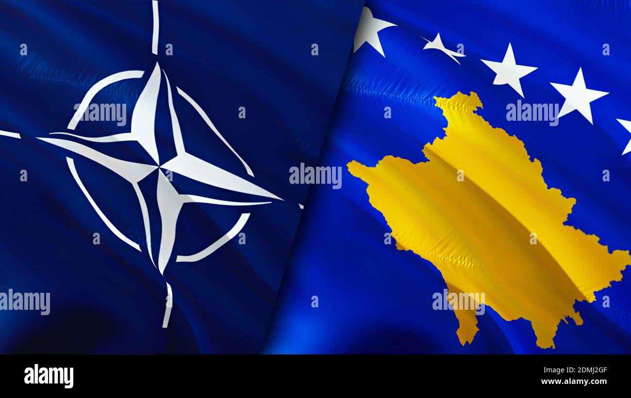 NATO and Kosovo flags. 3D Waving flag design. Kosovo NATO flag, picture, wallpaper. NATO vs Kosovo image,3D rendering. NATO Kosovo relations alliance Stock Photo