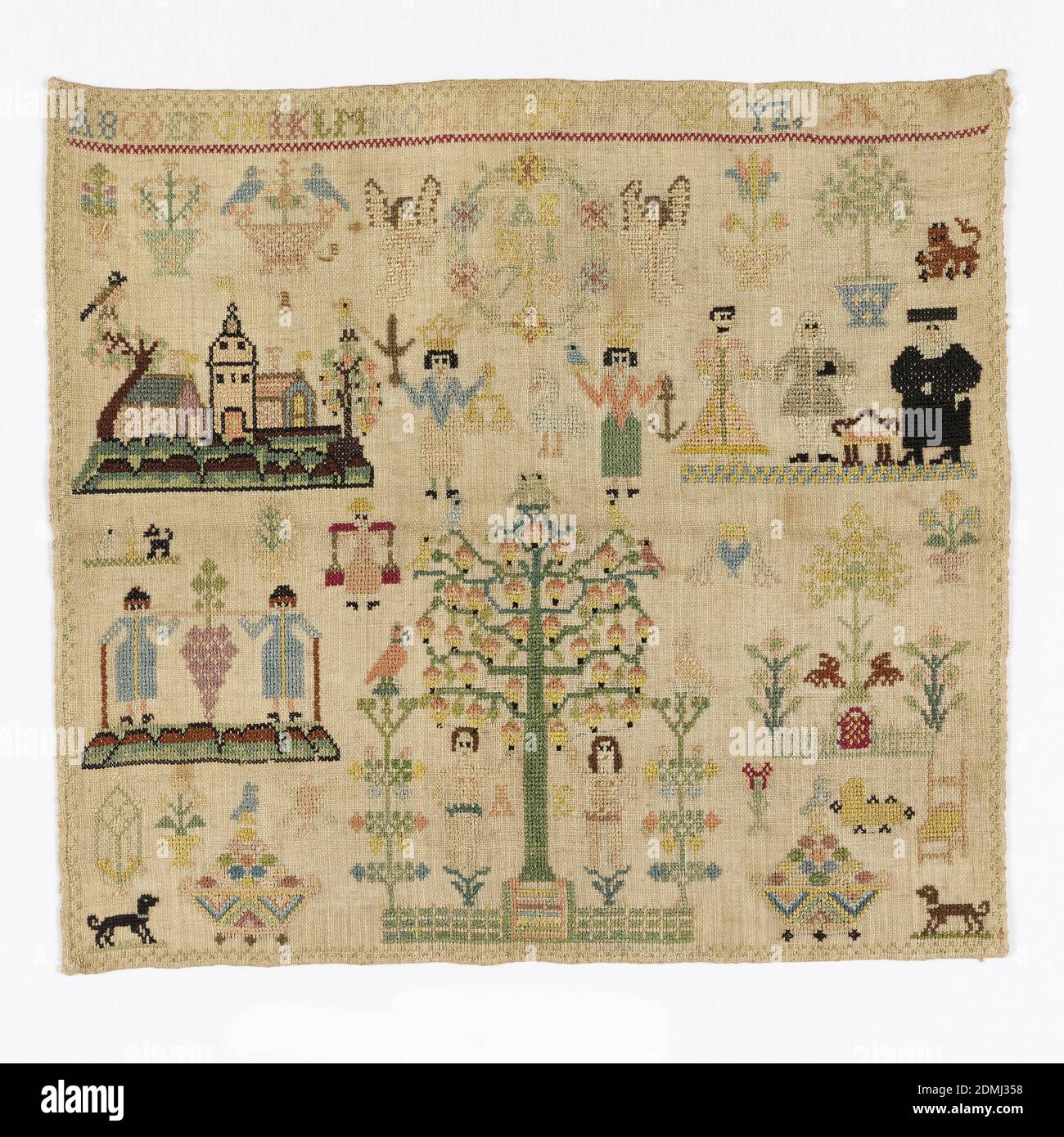 Sampler, Medium: silk embroidery on linen foundation Technique: embroidered on plain weave, Narrow border enclosing detached motifs showing wedding (?), castle, biblical scenes, figures representing Justice and Hope, birds, animals, plants., Hanover, Germany, 1745, embroidery & stitching, Sampler Stock Photo