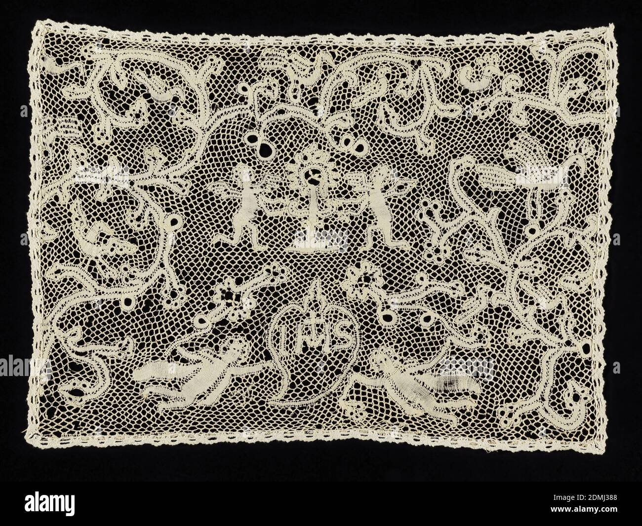 Lace panel, Medium: linen, Technique: bobbin lace, discontinuous tape, Design showing two angels bearing monstrance; two angles bearing sacred monegram and scrolling leaf frame on which birds perch., Milan, Italy, mid-18th century, lace, Lace panel Stock Photo