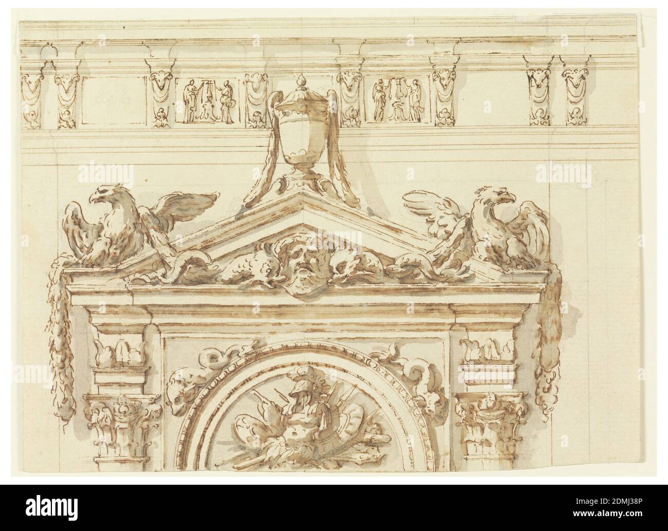 Design for the East Portal, Grand Gallery, Villa Albani, Rome, Italy, Carlo Marchionni, Italian, 1702–1786, Pen and brown ink, brush and brown, gray wash, black chalk on cream laid paper, Architectural study of arch topped with pediment. A semicircle is inscribed into an oblong, consisting of mouldings with a trophy of weapons inside. Dolphins lie upon the mouldings in the wedges. Laterally are the capitals of two embedded Corinthian columns supporting the entablature. Above is a stylized pediment with a mask between dolphins. The latter are intertwined with festoons hanging from two eagles Stock Photo