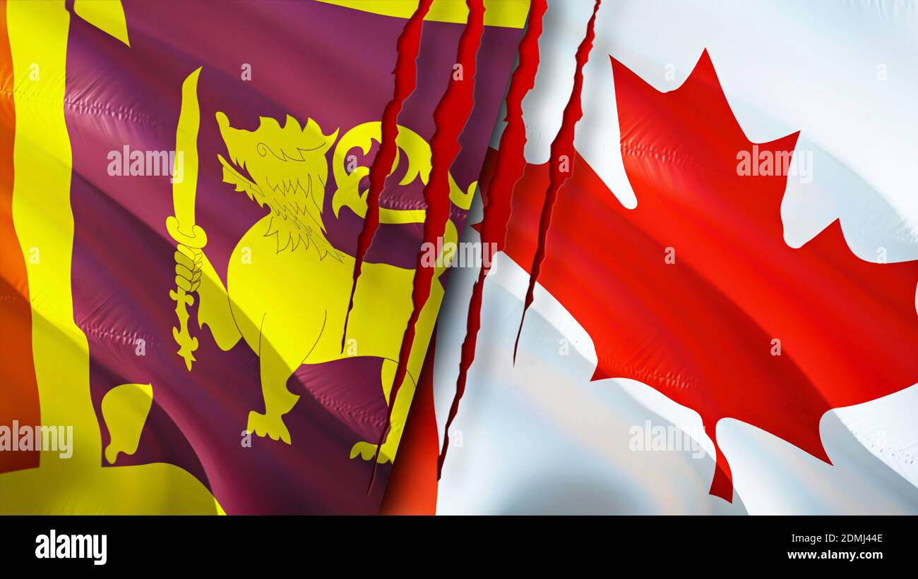 Sri Lanka and Canada flags with scar concept. Waving flag,3D rendering. Sri Lanka and Canada conflict concept. Sri Lanka Canada relations concept. fla Stock Photo