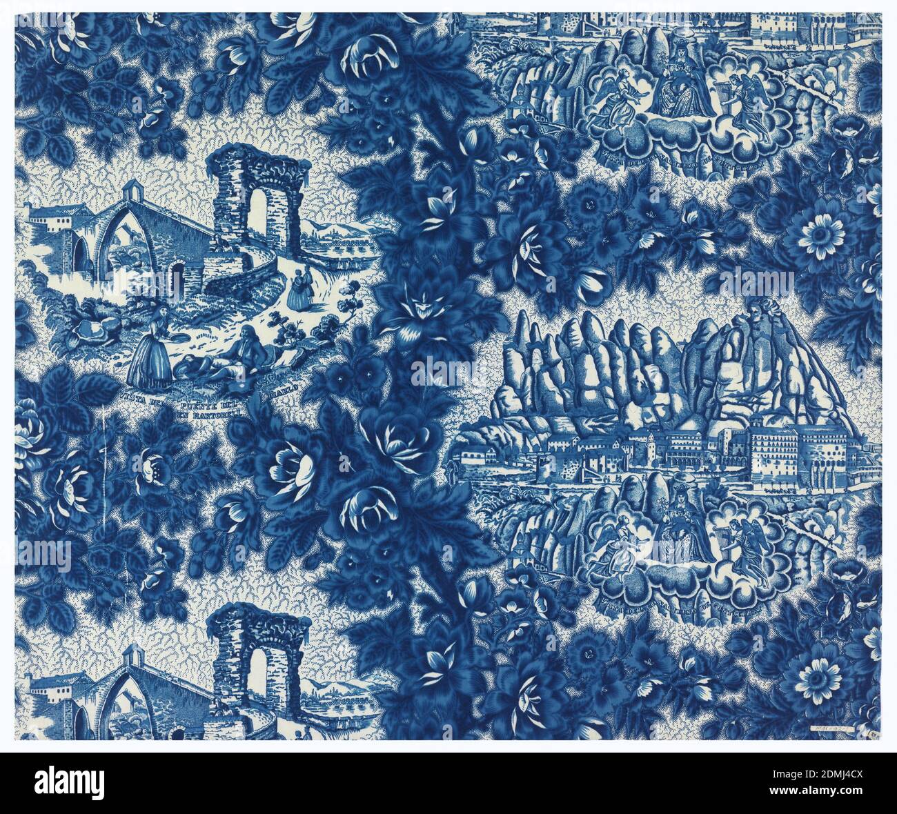 Textile, Medium: cotton Technique: printed by engraved roller and block printed on plain weave; slightly glazed, Two Catalonian landscape scenes in blue on white surrounded by densely flowering branches. The first scene, 'Vista del Puente del Diablo en Martorell,' shows a medieval bridge with a pointed arch. There is a path to the bridge where a man reclines by a stone wall and a strolling couple moves toward the Roman arch that stands before bridge. The second scene, 'Vista del Monasterio de Montserrat,' shows the monastery with the serrated mountains in the background. Stock Photo