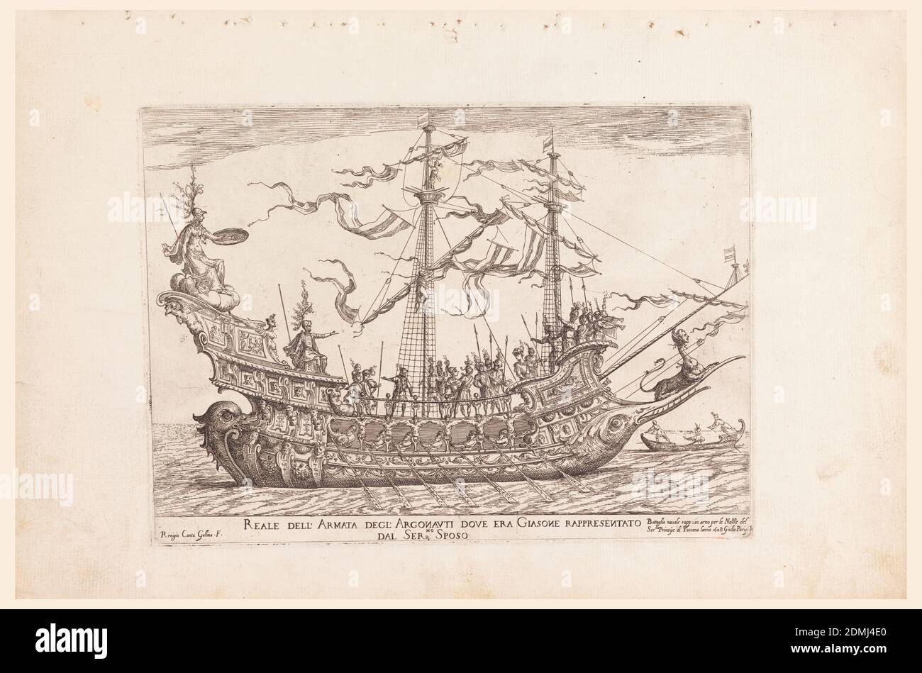 Reale dell'armata degl'Argonauti dove era Giasone rappresentato dal Ser. Sposo, from Vessels of the Argonauts for the wedding celebration of Cosimo de' Medici in 1608, plate 7, Remigio Cantagallina, Italian, ca. 1582–1656, Giulio Parigi, Italian, 1571–1635, etching on laid paper, The ship of Cosimo de' Medici. An elaborately decorated ship in profile moving from left to right with many banners raised. Soldiers stand on the deck of the ship as well as Jason, wearing a large helmet and seated towards the left. A goddess figure sits behind Jason in the rear of the ship holding a spear and shield Stock Photo