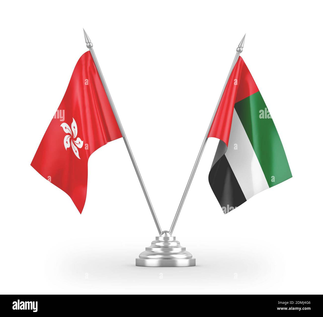 United Arab Emirates and Hong Kong table flags isolated on white 3D rendering Stock Photo