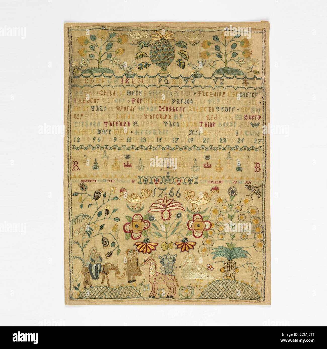 Sampler, Ruth Bolerworth, Medium: silk and metal thread embroidery, wool foundation Technique: cross, tent, satin and stem stitches on plain weave, Alphabets, crowns and verse. Top: Cross borders with trees, flowers, insects, and fruit. Bottom: Scene of the Flight into Egypt with motifs and signature 'Elizabeth Bolerworth, aged 15 years.', England, 1766, embroidery & stitching, Sampler Stock Photo