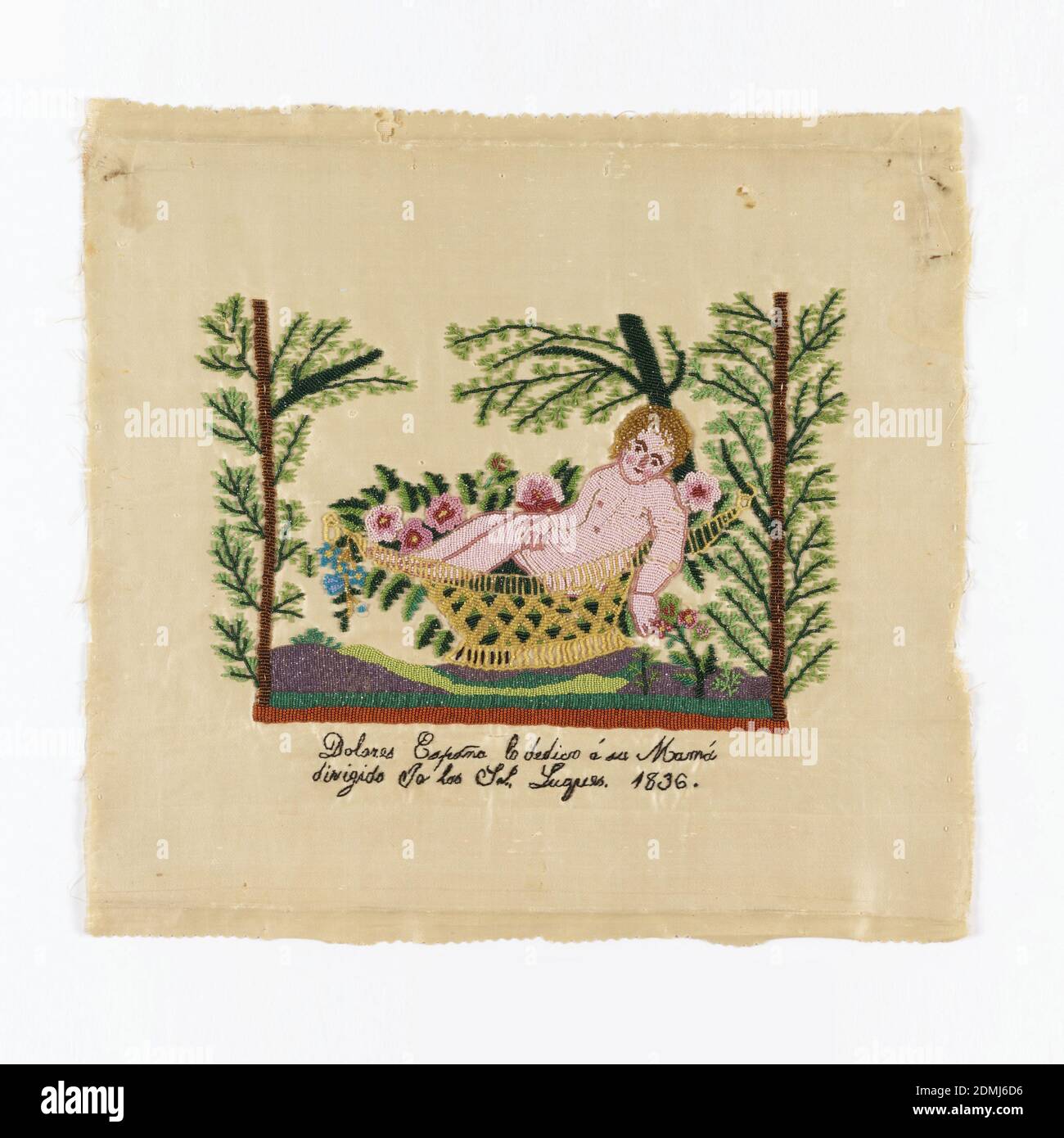 Sampler, Dolores Espoña, Medium: silk and glass beads on silk foundation Technique: beadwork on satin weave, Moses in the Bulrushes. Inscription in back stitch (?) reads 'Dolores Espoña dedicates this to her mother, made at the direction of....', Mexico, 1836, embroidery & stitching, Sampler Stock Photo
