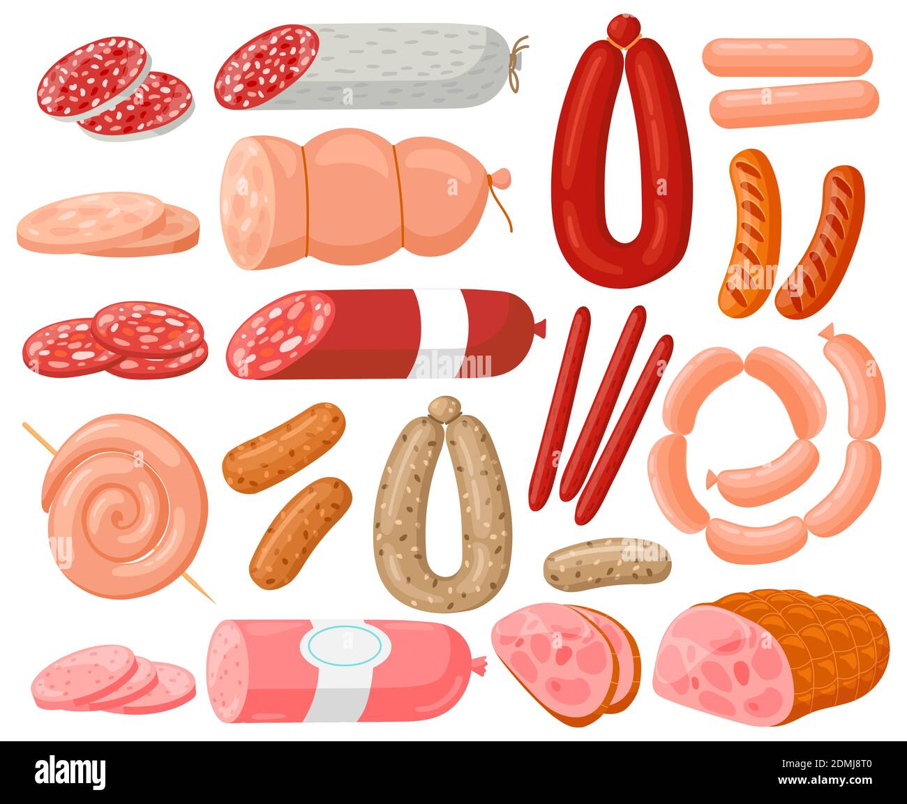Meat sausages. Cartoon chicken, pork, beef sausages and salami sausages