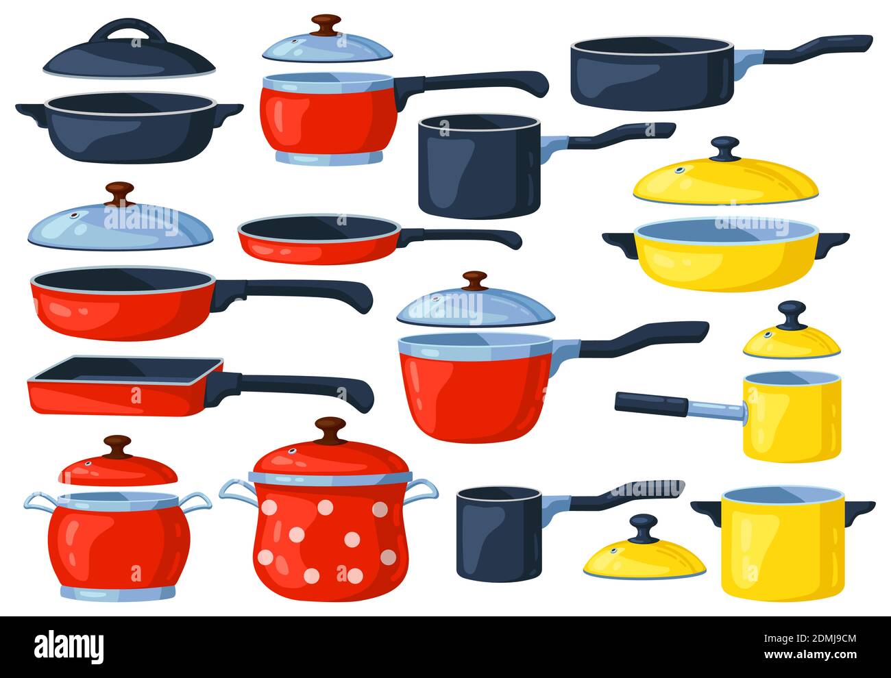 Cartoon frying pan. Cooking pots, metal saucepan and casserole, kitchen cooking items. Kitchen utensils vector illustration set Stock Vector