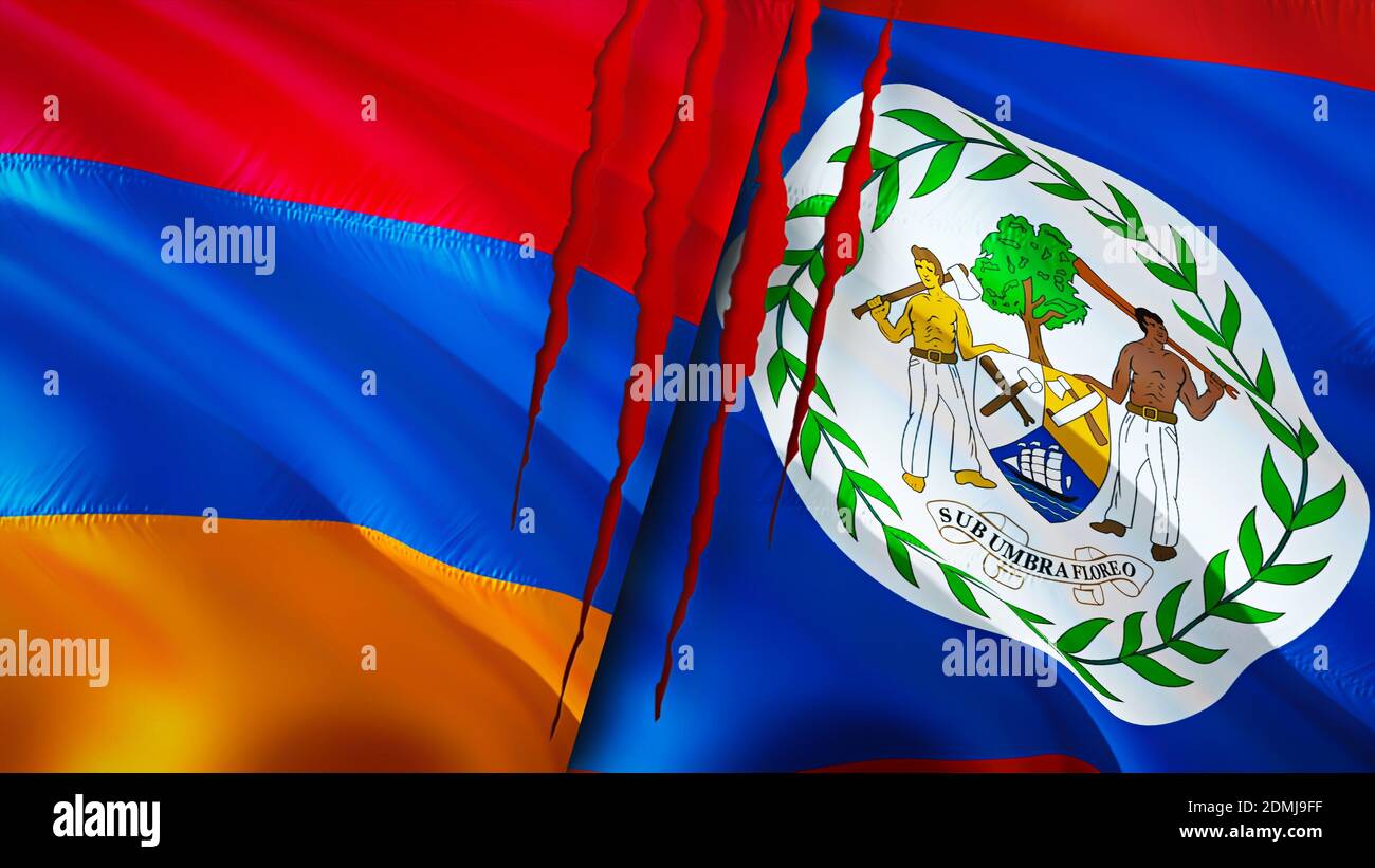 Armenia and Belize flags with scar concept. Waving flag,3D rendering