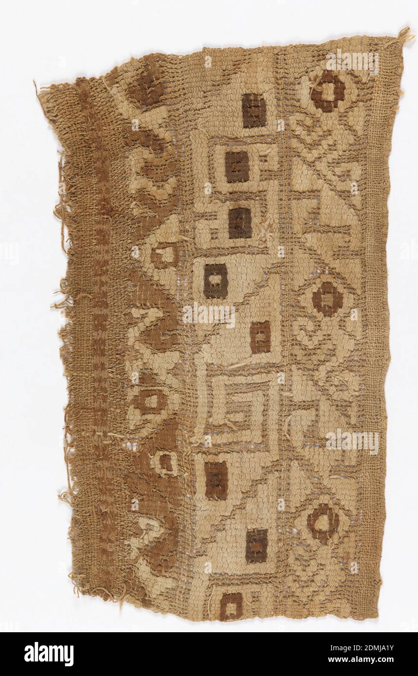 Textile, Medium: cotton Technique: discontinuous supplementary weft in gauze; foundation: supp. wefts interface in plain weave on the paired gauze warps; ends: bands of plain weave at top and bottom, Border of stylized interlocking birds and frets, with top band of monkeys alternating with stepped diagonals, lower band of triangles and interlocking birds; darned or woven in heavy pale tan cotton with touches of brown and dark brown on tan ground darkening toward lower end. Two side selvages continuous with field; bunches of wefts across top., Peru, 1000–1400, woven textiles, Textile Stock Photo