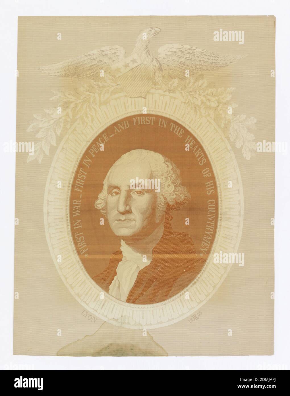 Portrait of George Washington, Medium: silk Technique: jacquard-woven damask, Woven portrait of George Washington within an eagle-crested cartouche. Woven, above Washington’s head: First in War First in Peace and First in the Hearts of His Countrymen., Lyon, France, 1856, woven textiles, Portrait of George Washington Stock Photo