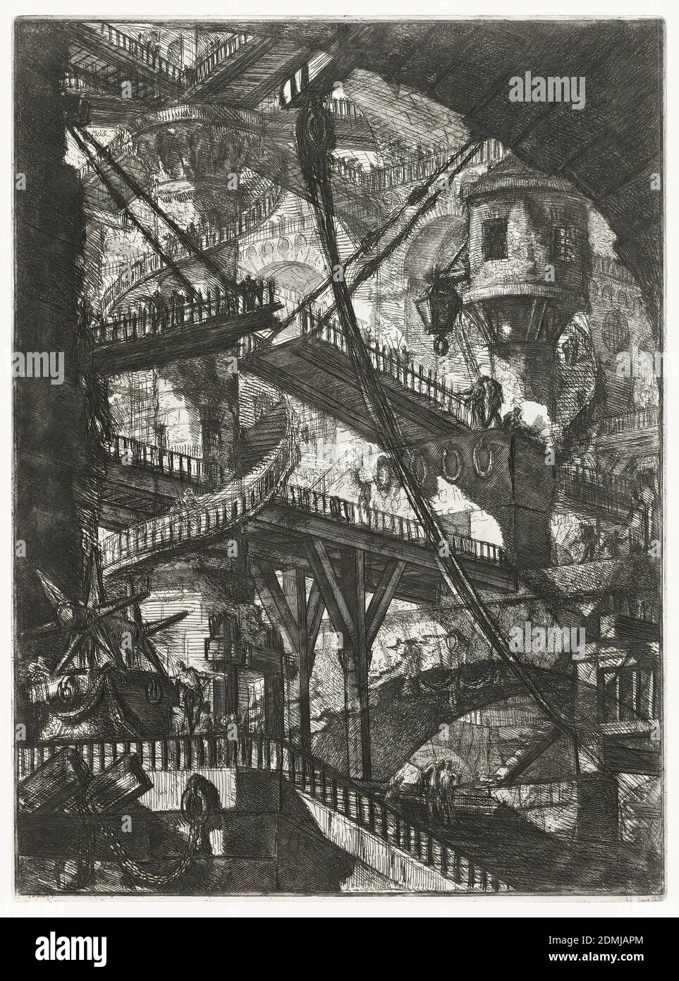 The Drawbridge, plate VII from the series Carceri d'Invenzione, Giovanni Battista Piranesi, Italian, 1720–1778, Etching on white laid paper, Vertical rectangle. Wooden bridges connect piers and arcades in the distance. Spiral staircases on piers connect several bridges., Italy, 1745 (printed later), architecture, Print Stock Photo