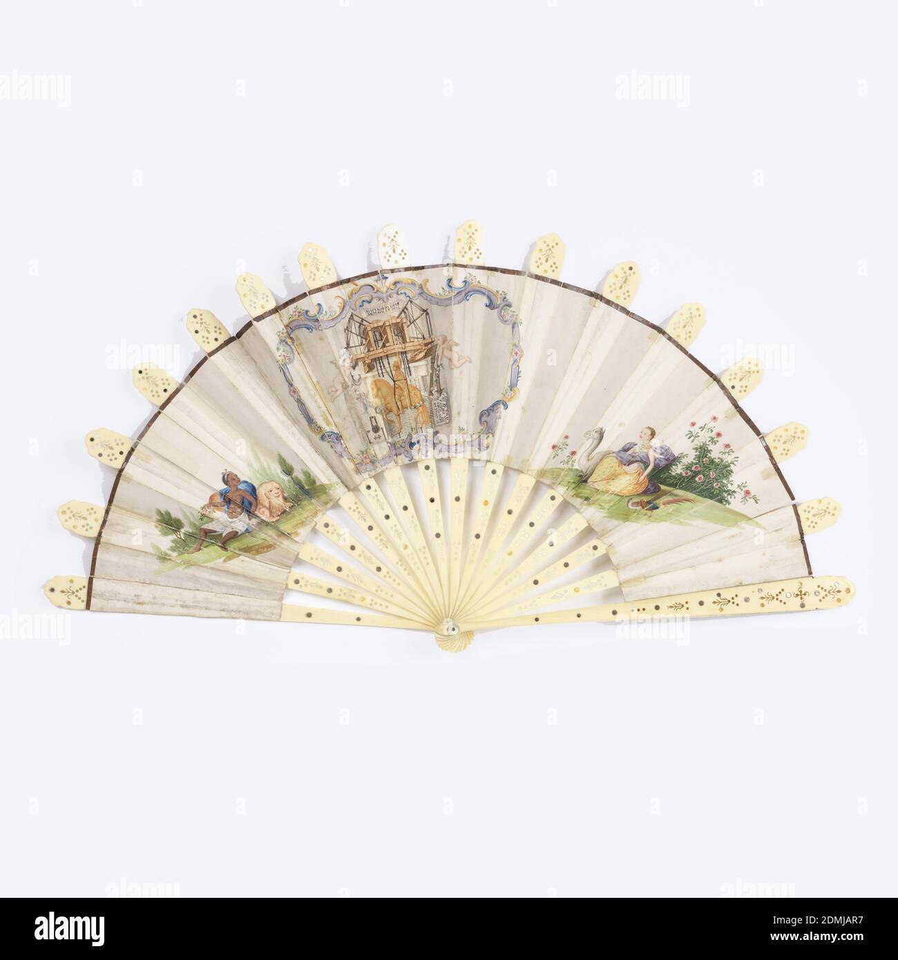 Pleated fan, Painted paper leaf, pierced bone sticks with steel piqués, mother-of-pearl washer, Pleated fan with double leaf. Both leaves are hand-colored paper with an equestrian statue of Portugual’s John I in the center, having at each side one of the 'Four Parts of the Globe' allegorically represented as a woman with an attendant beast and appropriate scenic detail. Pierced ivory sticks inlaid steel piqués. Some careful repairs have been made to the edges of the paper leaf. Mother-of-pearl washer at rivet., probably China for Portuguese market, late 18th century, costume & accessories Stock Photo