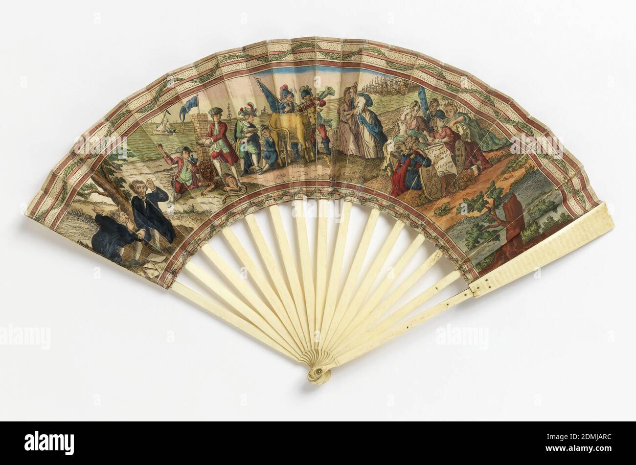 Pleated fan, Paper leaf with hand-colored etching, bone sticks, mother-of-pearl washer at the rivet, Pleated fan. Front and back leaves of hand-colored etching on paper. Obverse: a satirical depiction American separation from England, and the 1778 treaty subsequently signed between America and France. England is represented by the placid cow and the recumbent lion, tamed and controlled by the Dutch, the Spanish, and the French. At center, a group of men saw off the horns of a cow (Great Britain) while another milks her. At left, a man amputates the right paw of the British lion Stock Photo