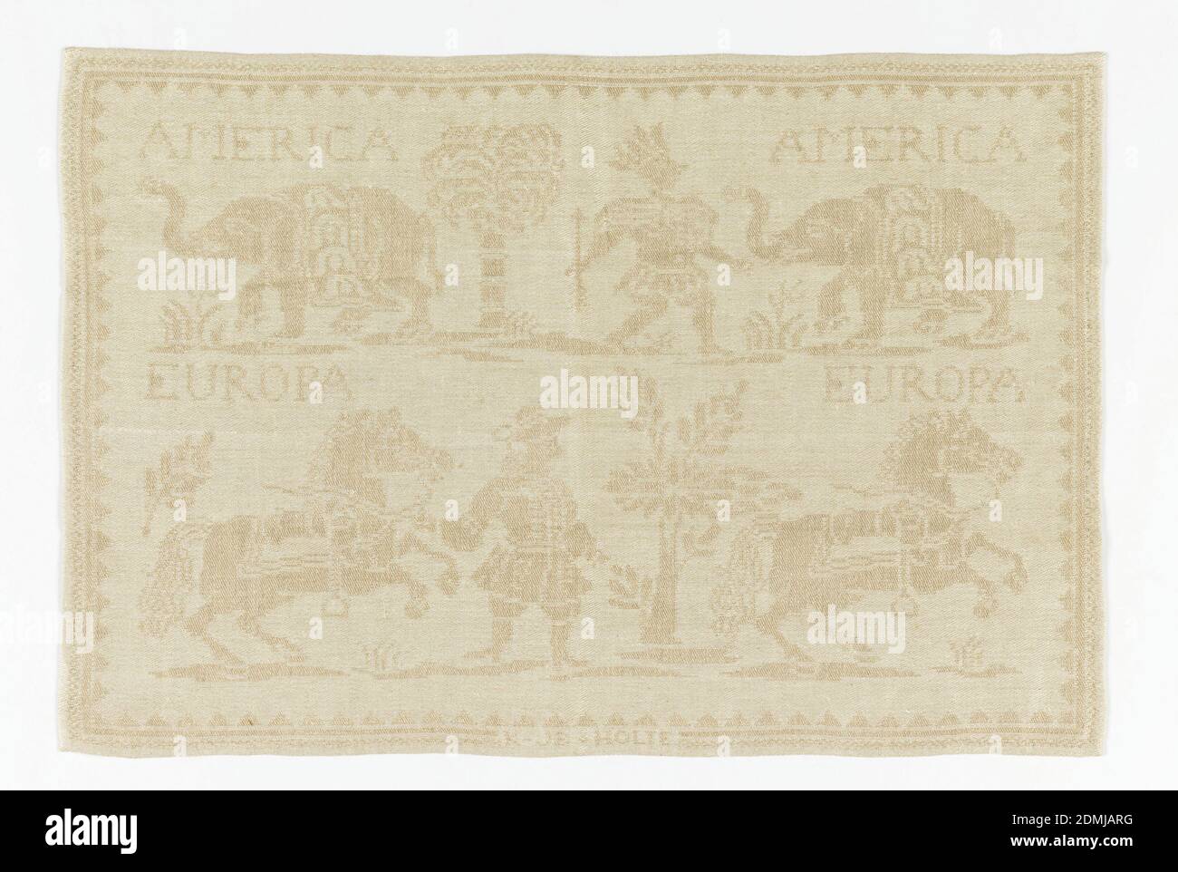 Textile, Medium: linen Technique: damask weave, Cream colored linen textile showing the continents of America and Europe represented by text and iconographical figures of a Native American with arrow and European figure with horse., Denmark, early 18th century, woven textiles, Textile Stock Photo