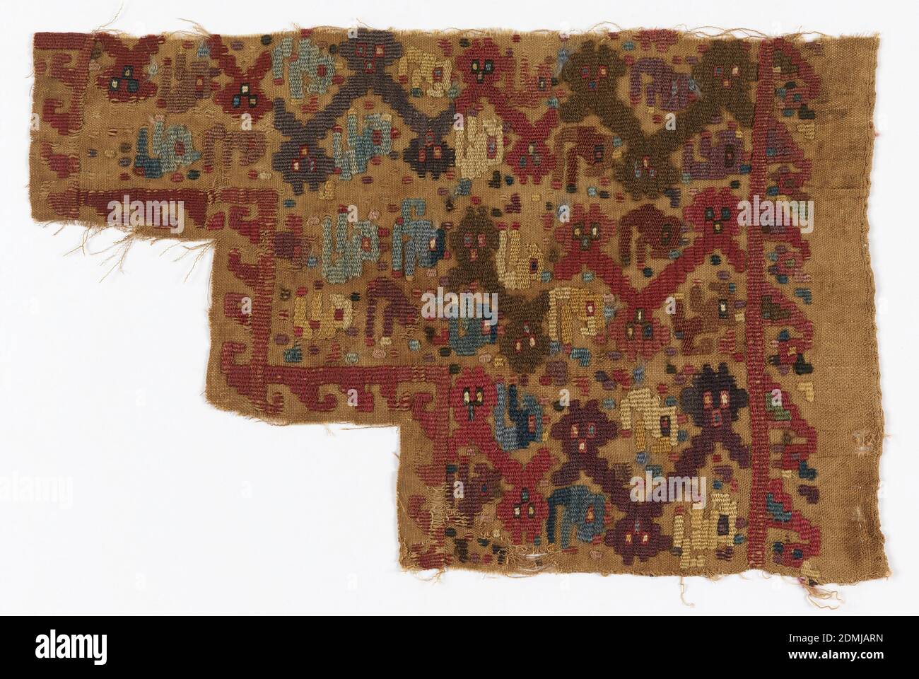 Fragment, Medium: cotton, wool Technique: plain weave with discontinuous supplementary weft patterning (brocade), Fragment, irregularly cut, showing small-scale highly abstract polychrome pattern of cats, geometric shapes and dots on buff ground. Ground is of tightly S-spun undyed weft which is used only where color is needed, interlacing back and forth in color area with 'weft onlay' since pattern weft does not enter teh shed of the ground weft. Loom ending at top of fragment, one selvage on right side., Peru, 12th–14th century, woven textiles, Fragment Stock Photo