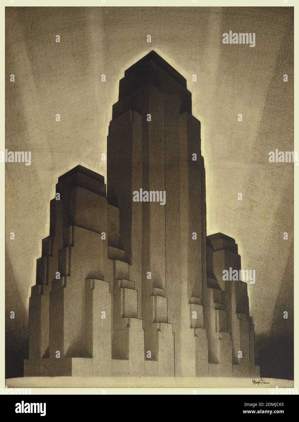 Study for Maximum Mass Permitted by the 1916 New York Zoning Law, Stage 4, Hugh Ferriss, American, 1889–1962, Black crayon, stumped, pen and black ink, brush and black wash, varnish on illustration board, Rendering of very dark, monumental high-rise building consisting of tall set back central tower, flanked by two smaller towers, each with set back upper stories. Dramatic 'fan' of light rays in background. This is an early proposal for the set back skyscraper form that was to characterize many skyscrapers built from the mid-1920s to the ca.1950s., 1922, architecture, Drawing Stock Photo