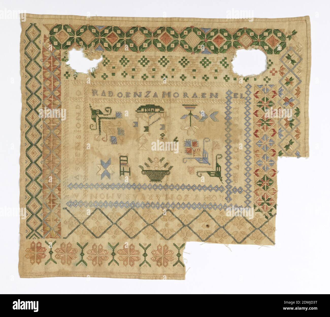 Sampler, Medium: silk embroidery on linen foundation Technique: embroidered, Square sampler with two large circular holes and outer borders cut away in lower right corner. Center field with spot motifs surrounded by inscription bands and geometric borders. Inscription reads: 'Lo hyzo Marya Ramona Ascension Dorado en Zamora en el mes de otubre' or 'Made by Marya Ramona Ascension Dorado in Zamora in the month of October.', Zamora, Spain, 19th century, embroidery & stitching, Sampler Stock Photo