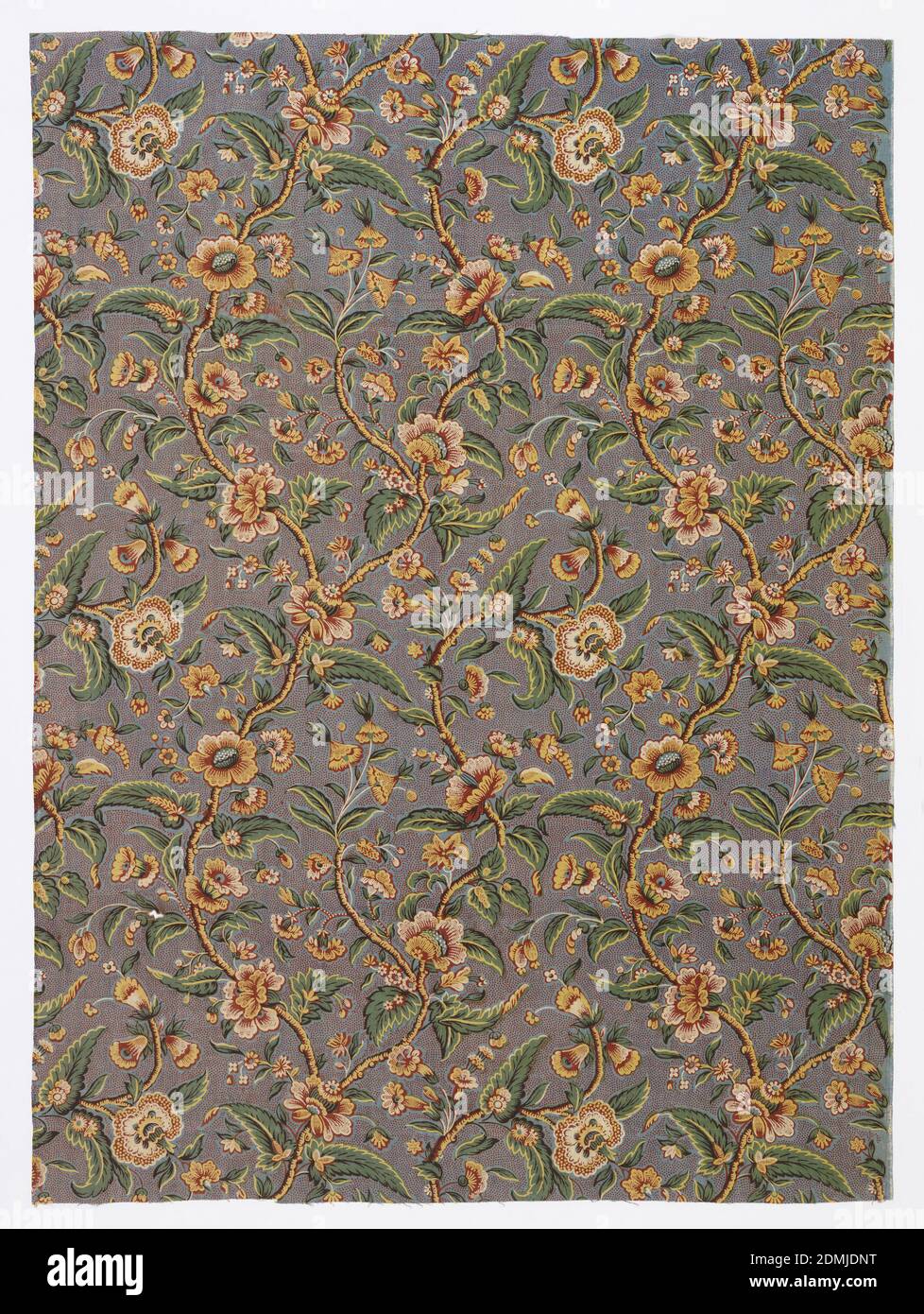 Textile, Medium: cotton Technique: printed on plain weave, Vertical pattern of continuously curving branches supporting flowers and leaves printed on ivory ground in yellow, red, green, blue, and black on a blue background patterned with red microdots. A complex sequence of printing and dyeing techniques, including resist printing and immersion dyeing were used to create this densely patterned textile., England, ca. 1810, printed, dyed & painted textiles, Textile Stock Photo