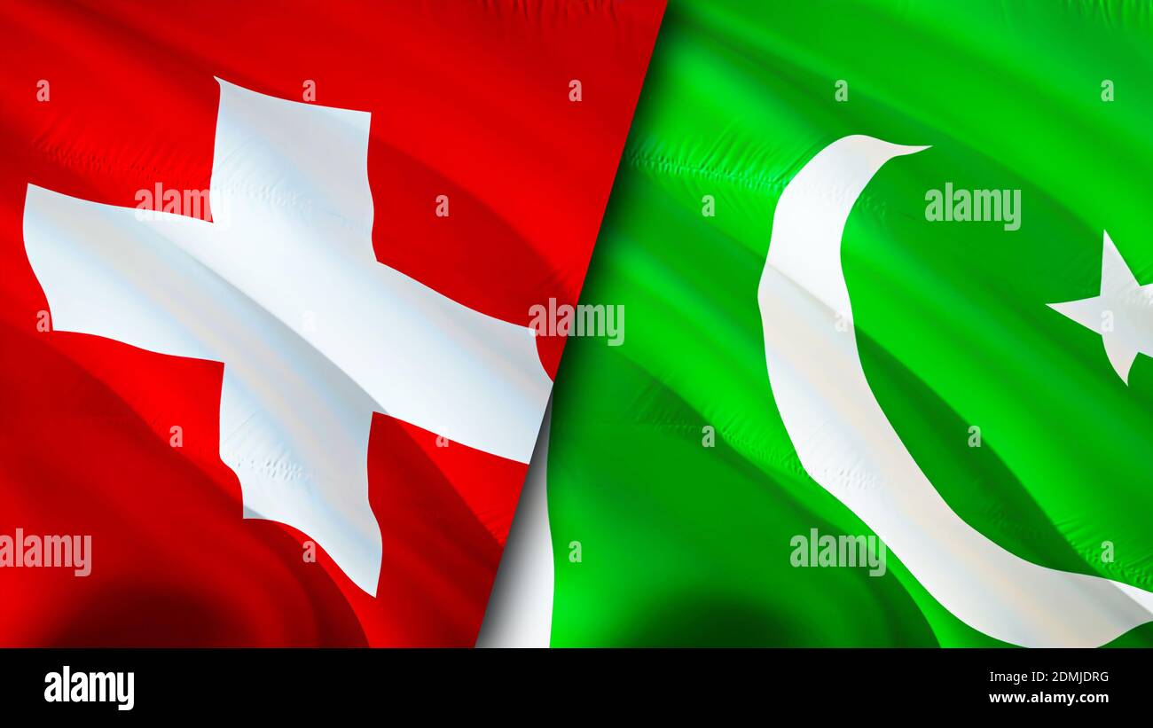 Switzerland and Pakistan flags. 3D Waving flag design. Switzerland