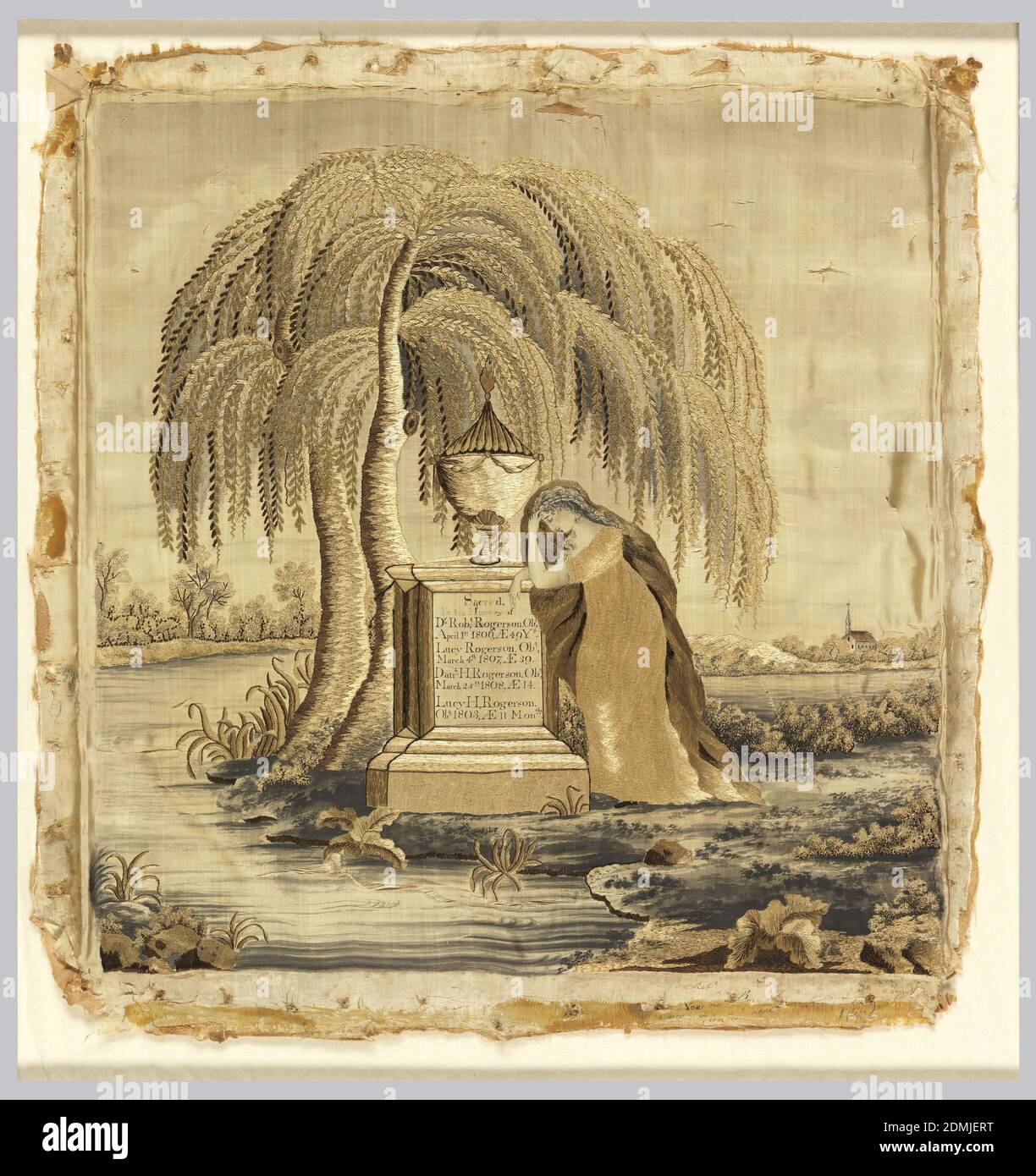 Mourning sampler, Medium: silk embroidery on silk foundation Technique: embroidered and painted on plain weave Label: silk, painted and embroidered with silk, Embroidered picture, nearly square in format, depicting a mourning female figure leaning on a tomb surmounted by an urn under the shade of a weeping willow. The tomb bears the inscription:, Sacred to the memory of Dr. Robt Rogerson. obt. April 1st 1806, AE 49 y's. Lucy Rogerson. obt. March 4th, 1807, AE 39. Danl. H. Rogerson. obt., March 25th, 1808, AE 14. Lucy H. Rogerson. obt. 1803, AE 11 months., Embroidered in tan silk Stock Photo