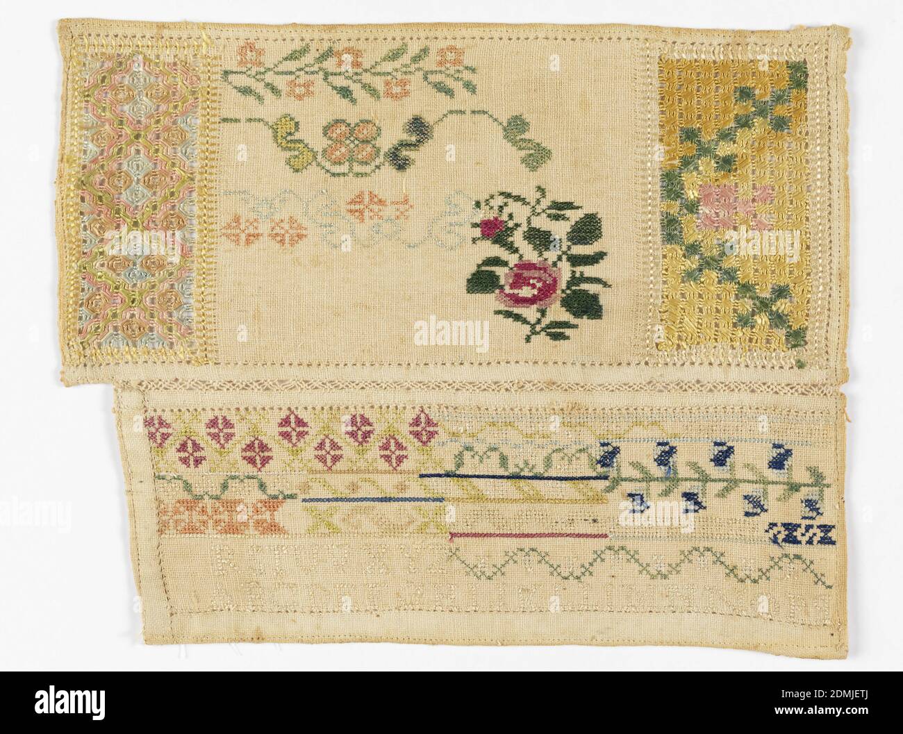 Sampler, Medium: silk on cotton Technique: cross, aztec (surface satin over  withdrawn element work) and long armed cross stitch on plain weave  foundation; counted stitches, Two separate pieces of cloth containing floral