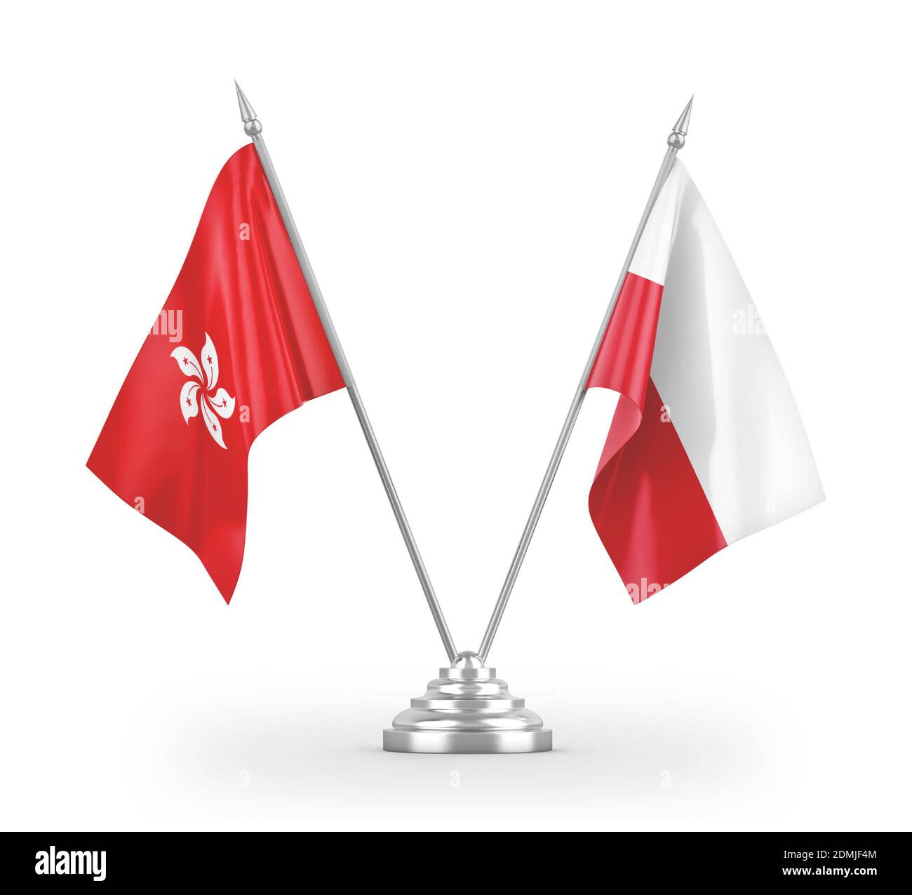 Poland and Hong Kong table flags isolated on white 3D rendering Stock Photo
