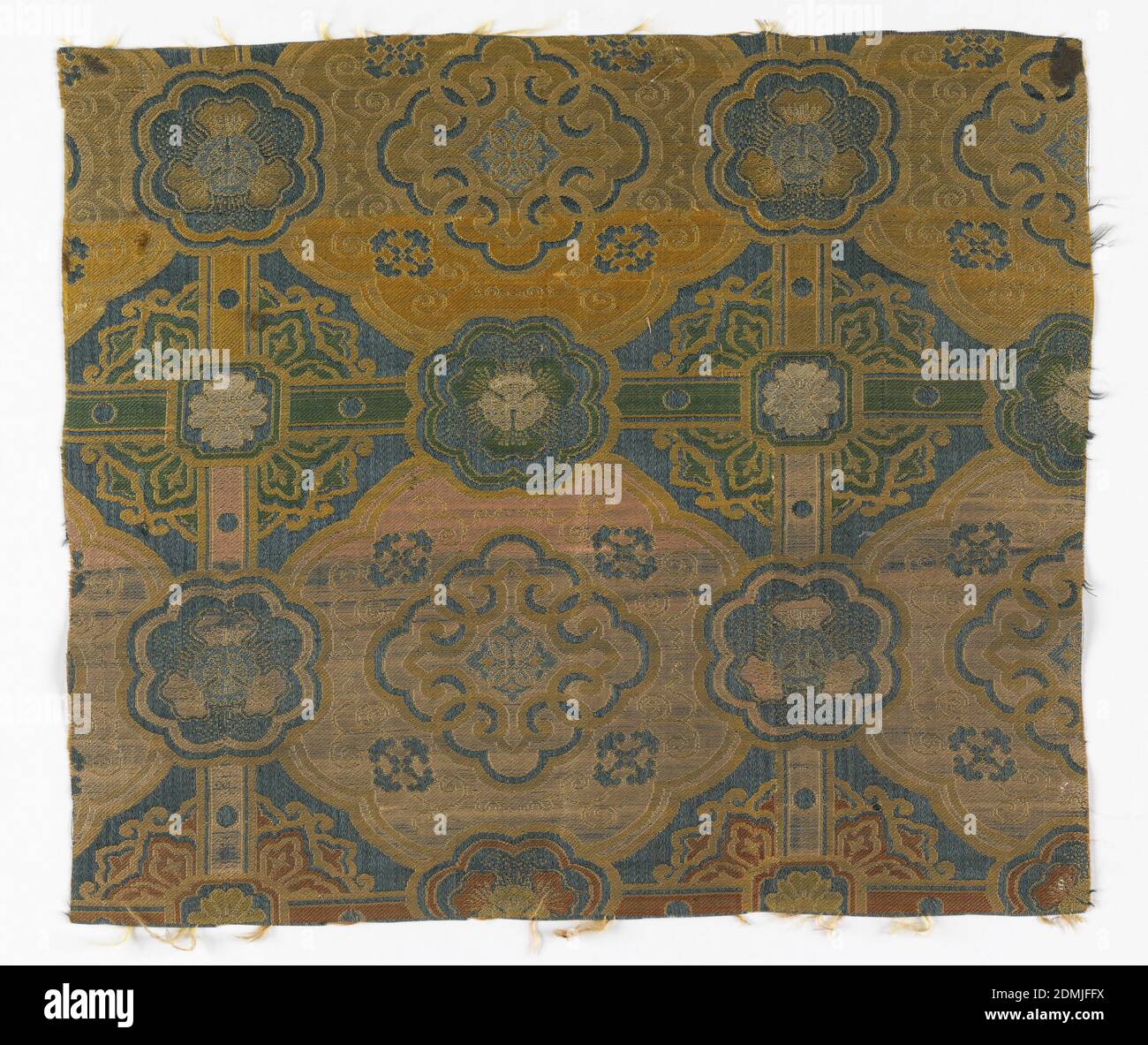 Fragment, Medium: silk Technique: plain compound weave, Subtle striped effect in gold, green, pink and orange. Pattern structured around a grid with bars interrupted with dots and flowers. Within each area of grid is a stylized floral shape with flowers and interlacing scrollwork., China, 17th–18th century, woven textiles, Fragment Stock Photo