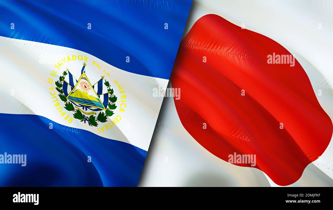 El Salvador and Japan flags. 3D Waving flag design. El Salvador Japan