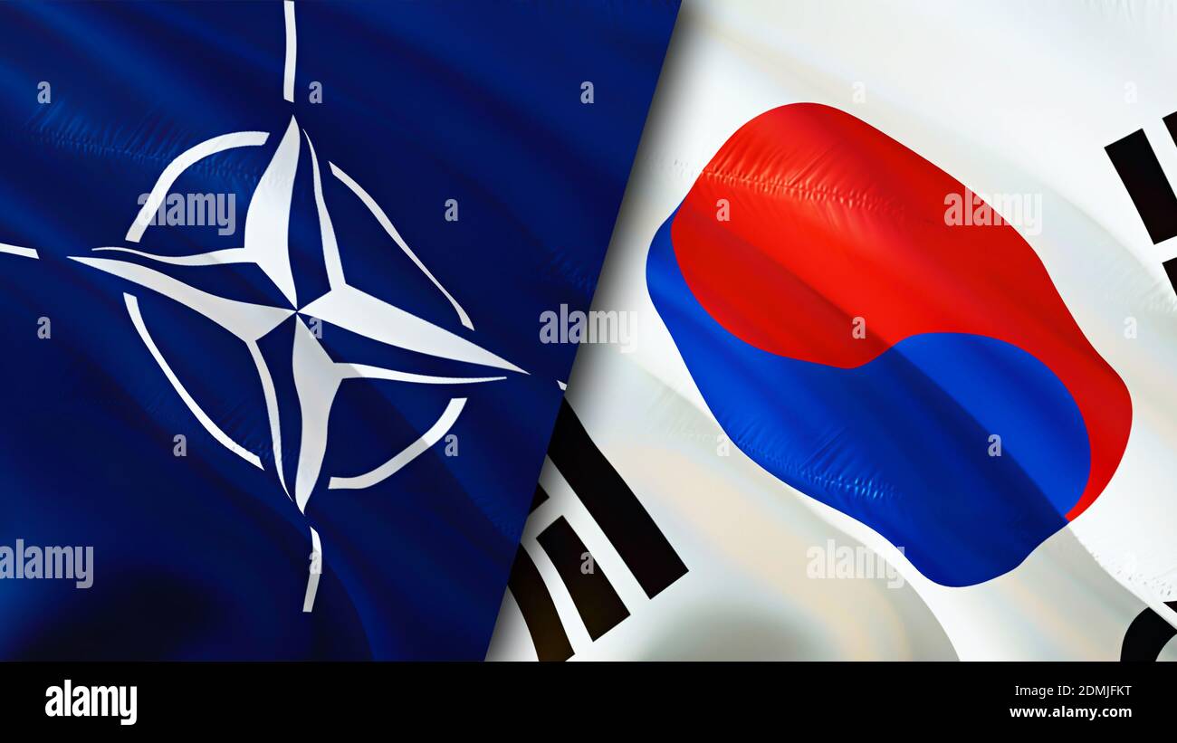 NATO and South Korea flags. 3D Waving flag design. South Korea NATO